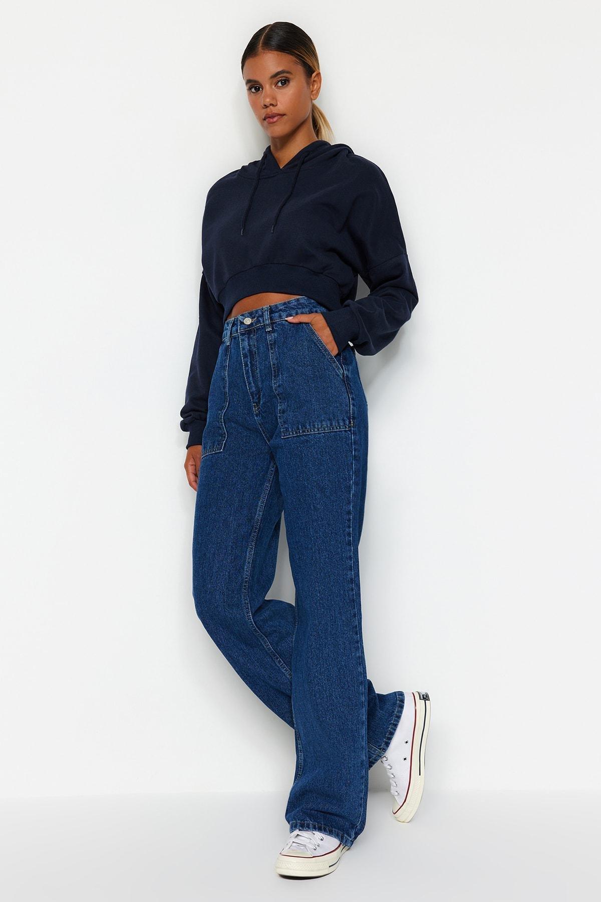 Navy High Waist Loose Jeans, , large image number 2