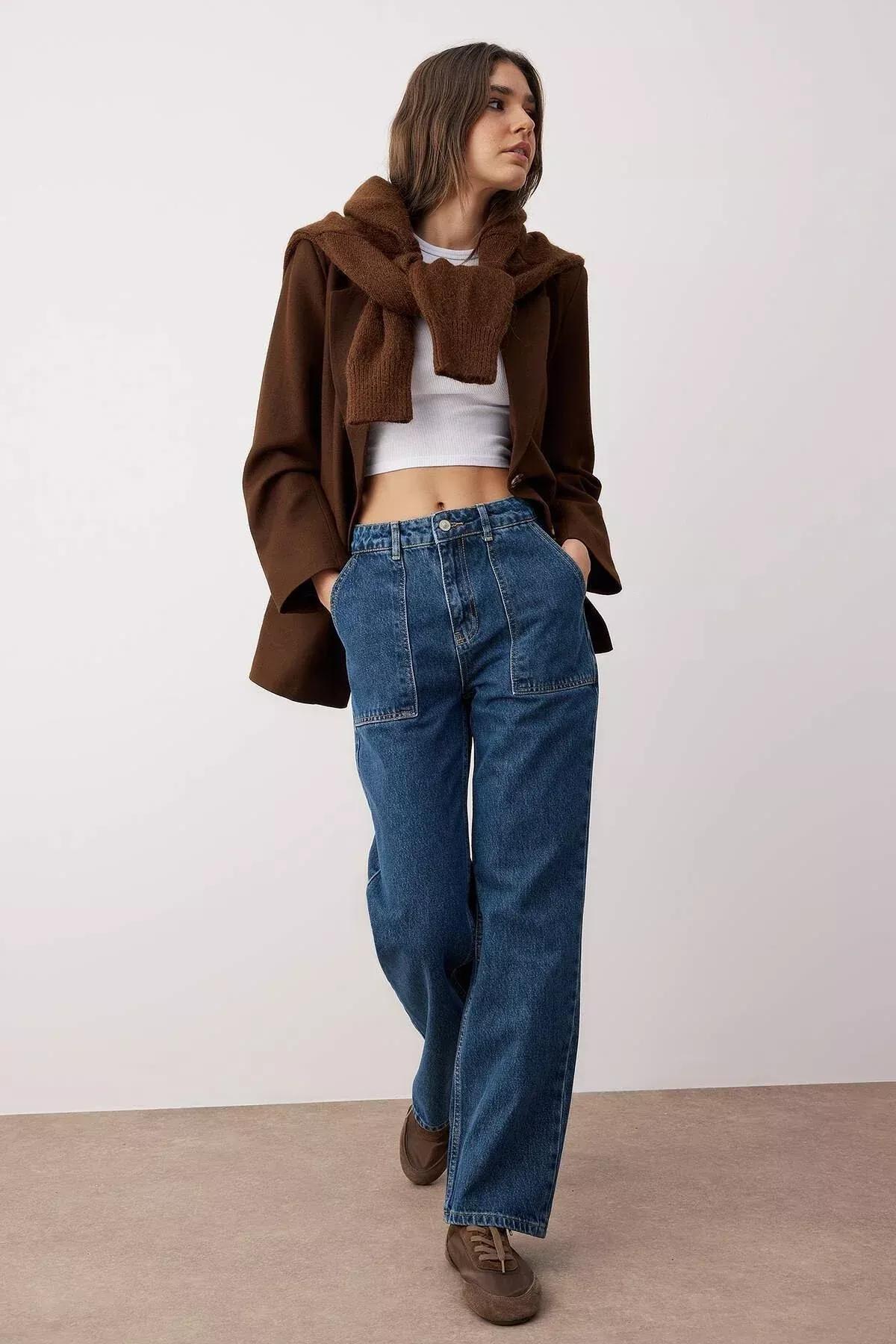 Navy High Waist Loose Jeans, Dark blue, large image number 2