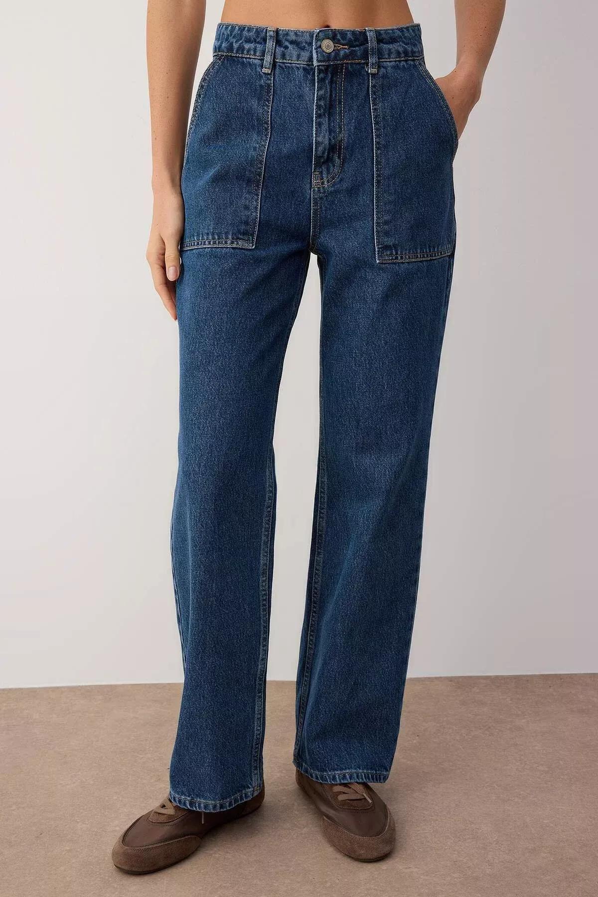 Navy High Waist Loose Jeans, Dark blue, large image number 3