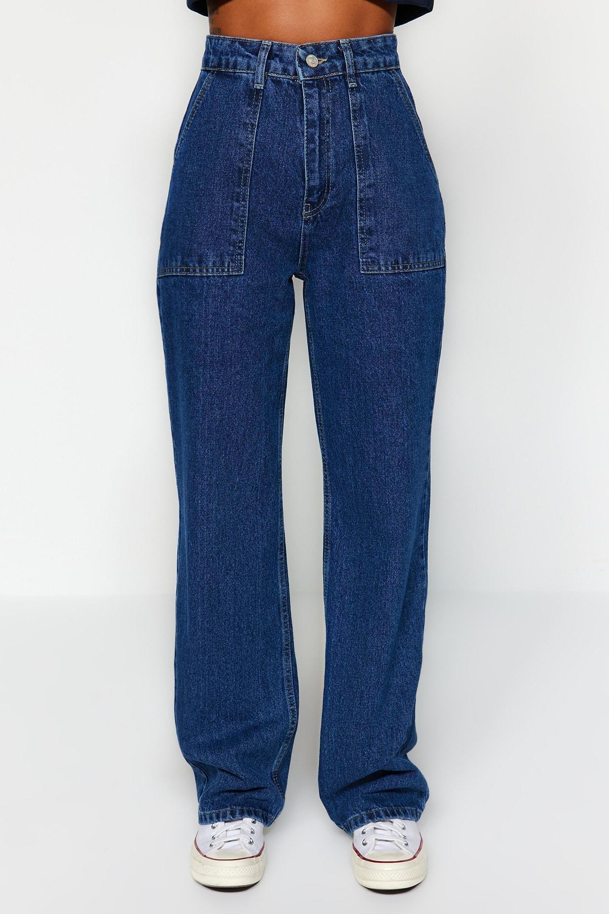 Navy High Waist Loose Jeans, Dark blue, large image number 4
