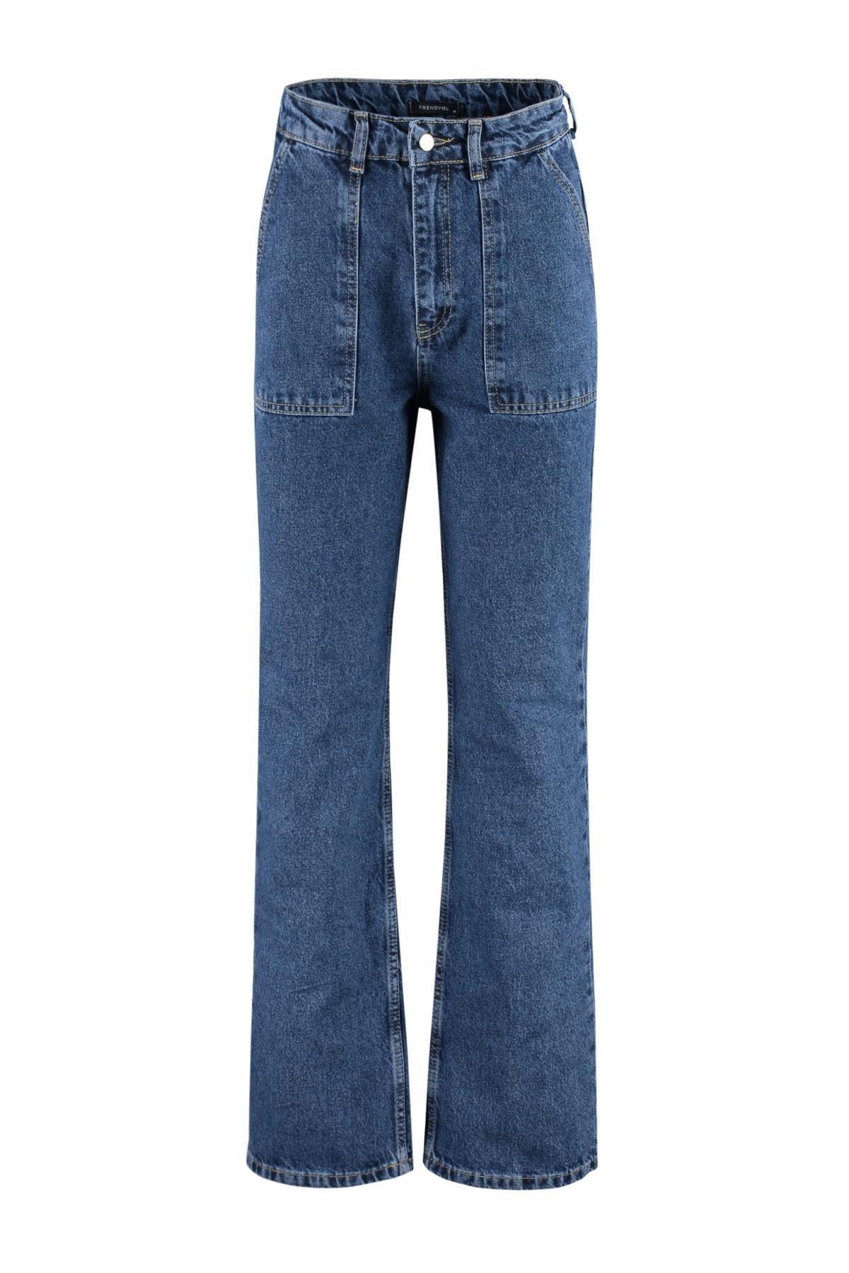 Navy High Waist Loose Jeans, Dark blue, large image number 6