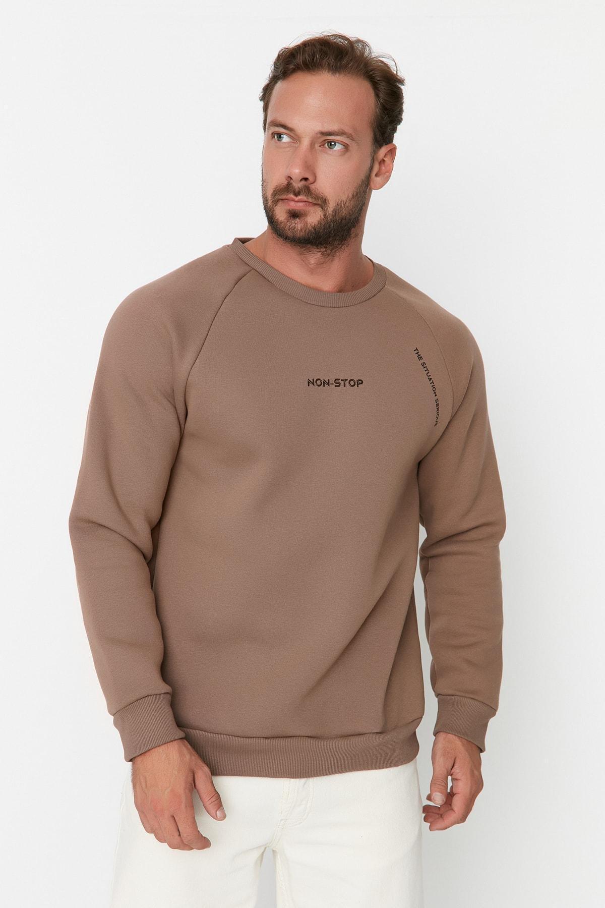 Brown Print Crew Neck Sweatshirt, , large image number 1
