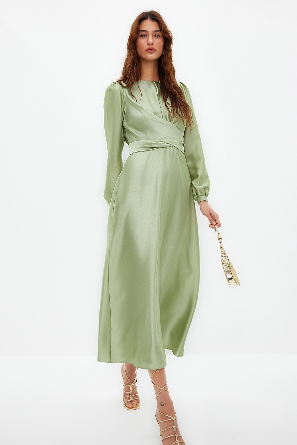 Green Cross Tie Detailed Occasionwear Dress, , large image number 0
