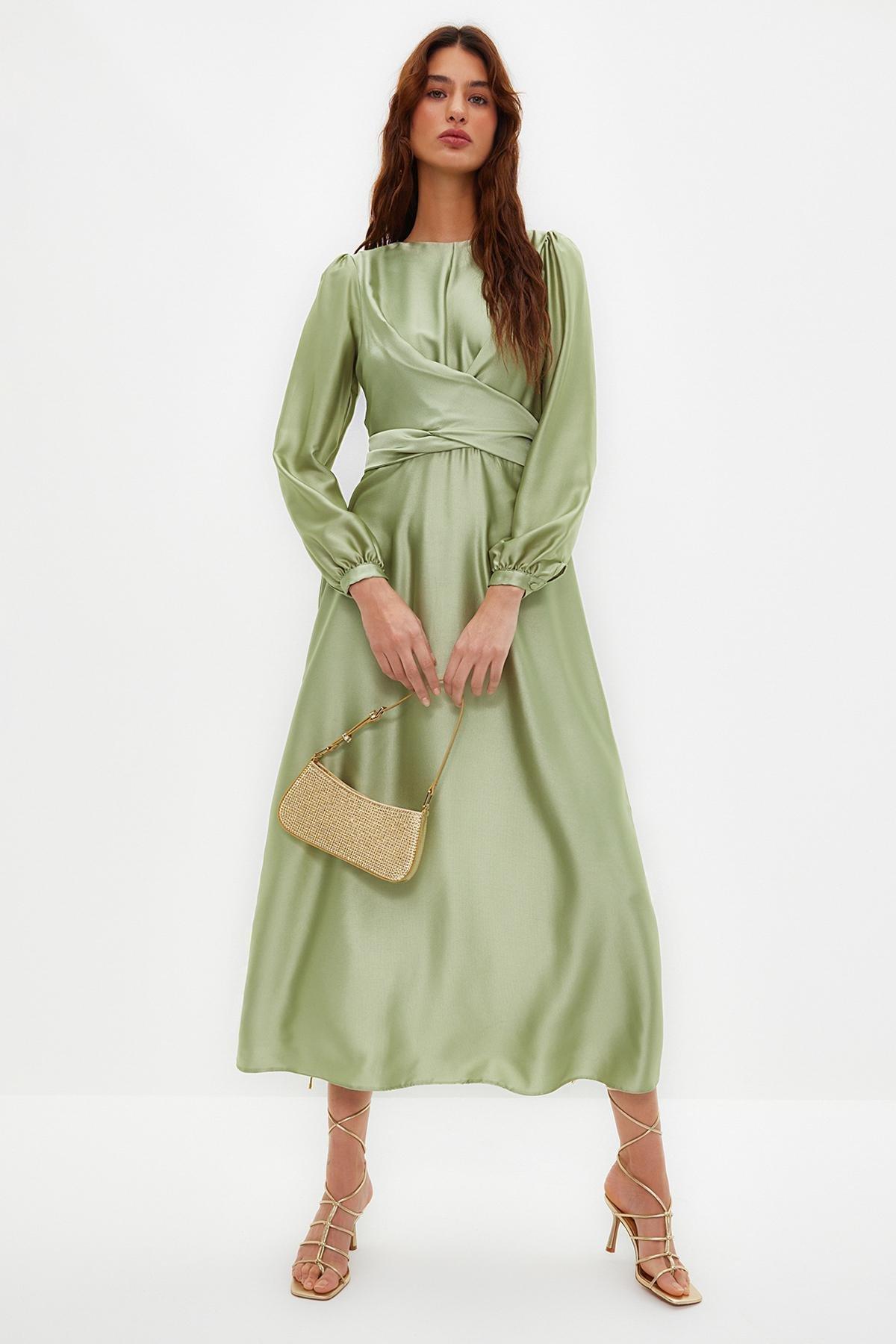 Green Cross Tie Detailed Occasionwear Dress, Light green, medium