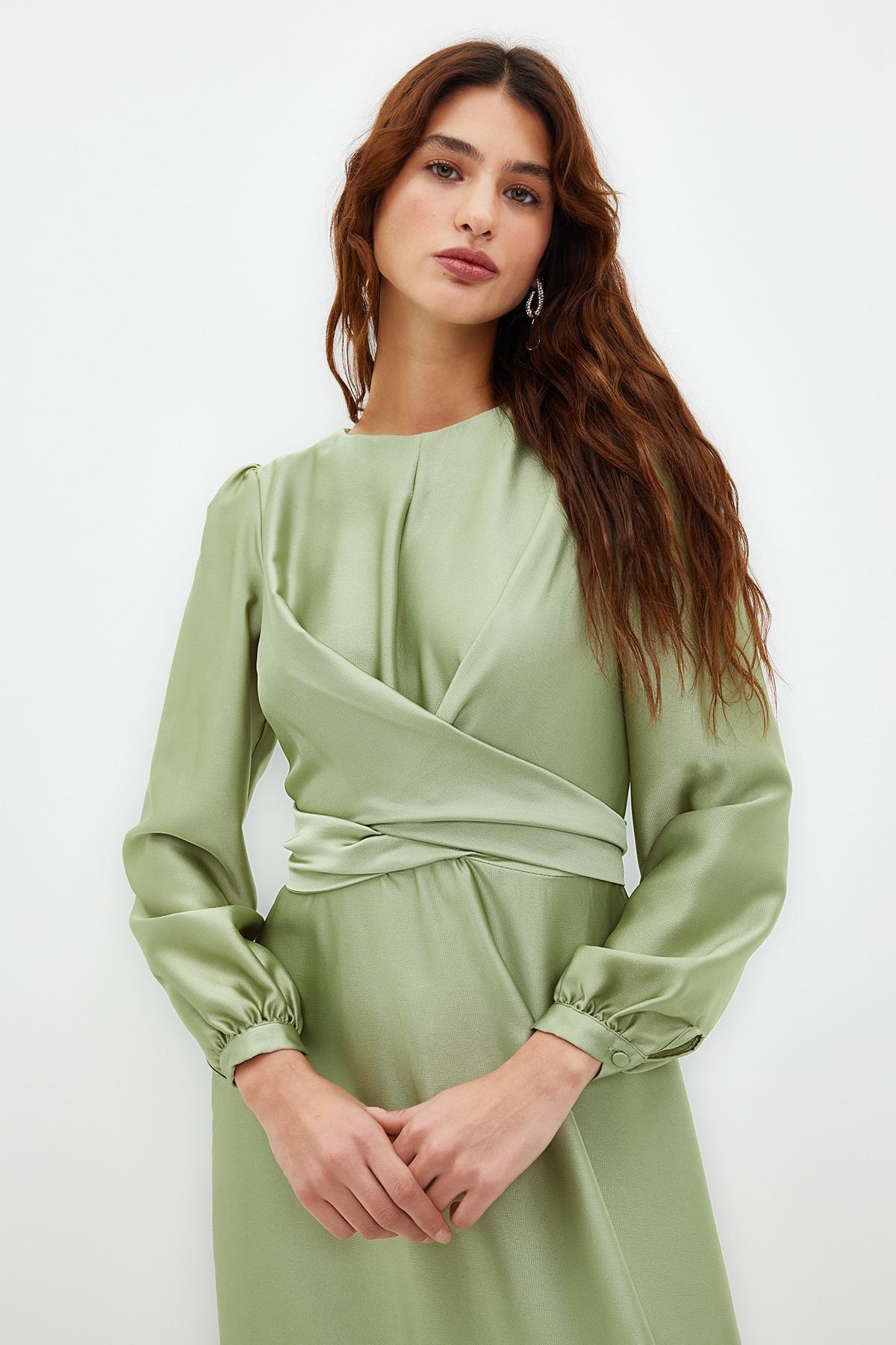 Green Cross Tie Detailed Occasionwear Dress, Light green, medium