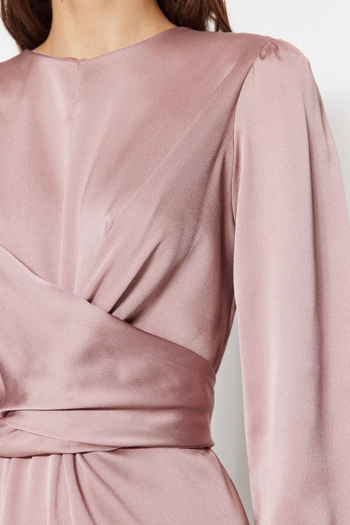 Pink Crosstie Detailed Satin Occasion Wear Dress, Pink, large image number 1