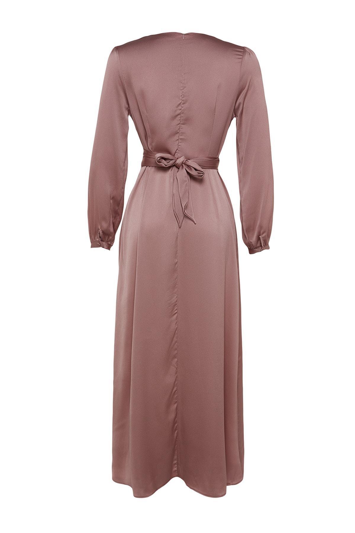 Pink Crosstie Detailed Satin Occasion Wear Dress, Pink, large image number 2