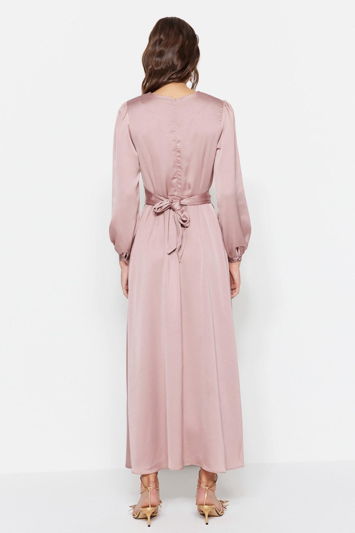 Pink Crosstie Detailed Satin Occasion Wear Dress, Pink, large image number 3