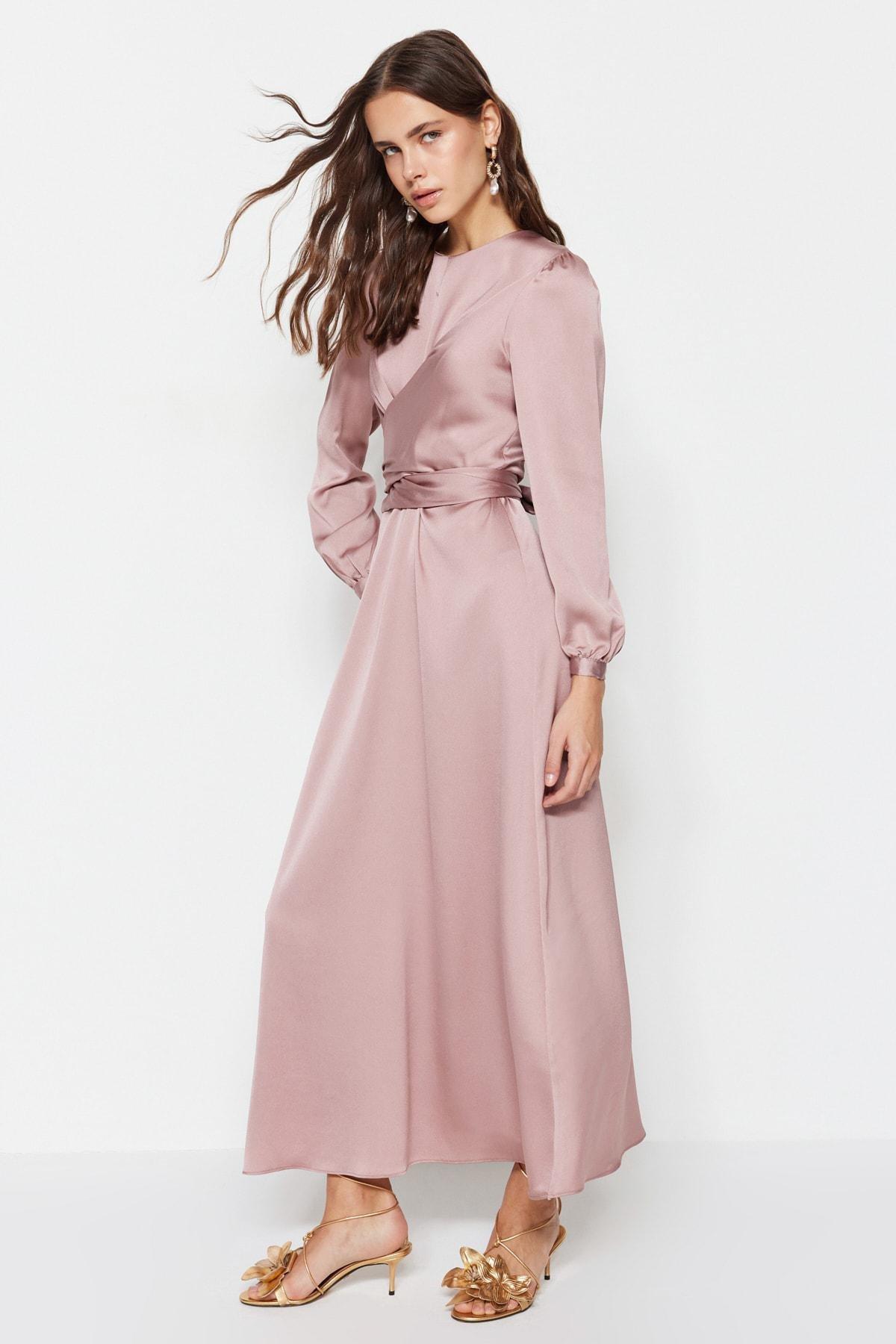 Pink Crosstie Detailed Satin Occasion Wear Dress, Pink, large image number 4