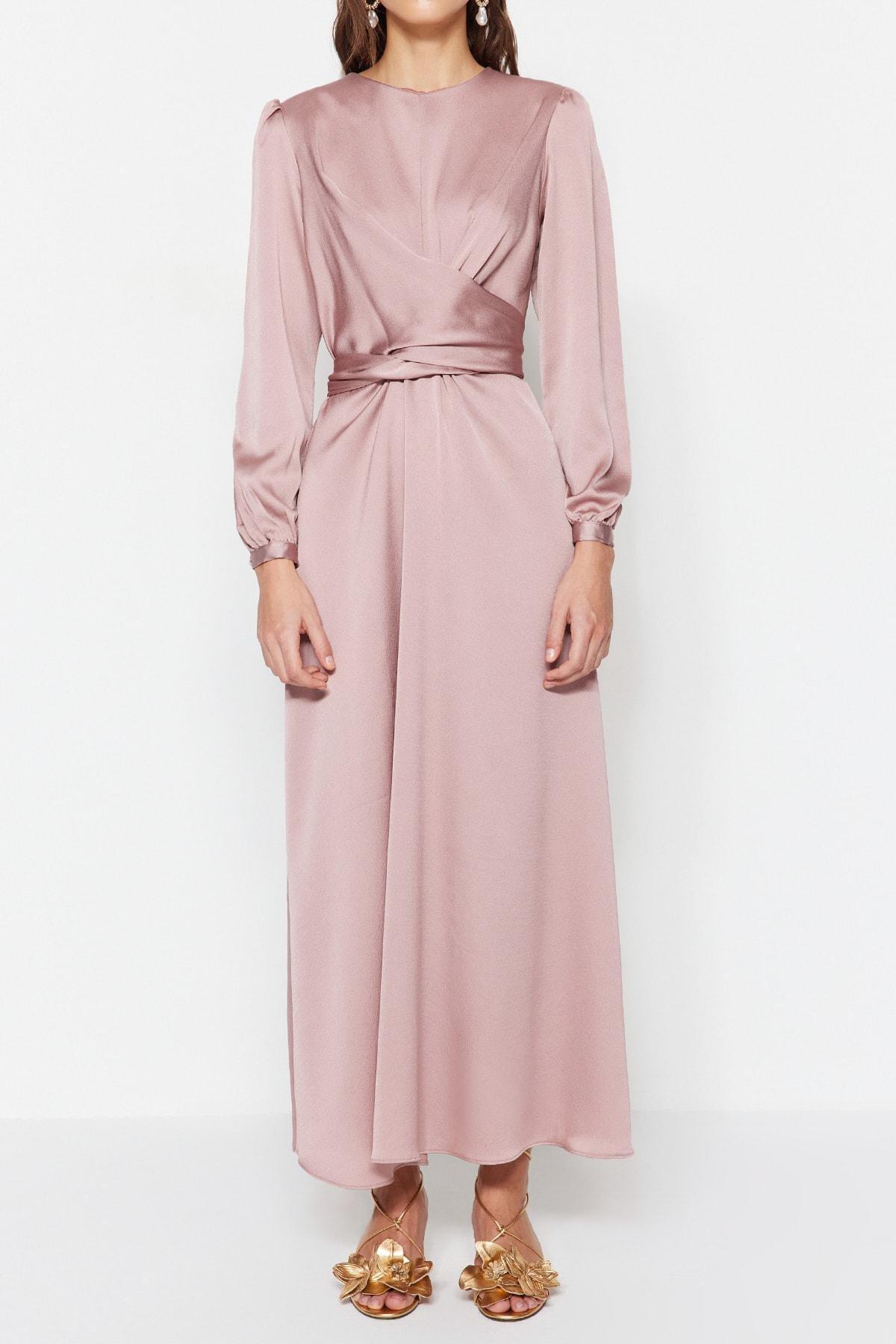 Pink Crosstie Detailed Satin Occasion Wear Dress, Pink, large image number 5