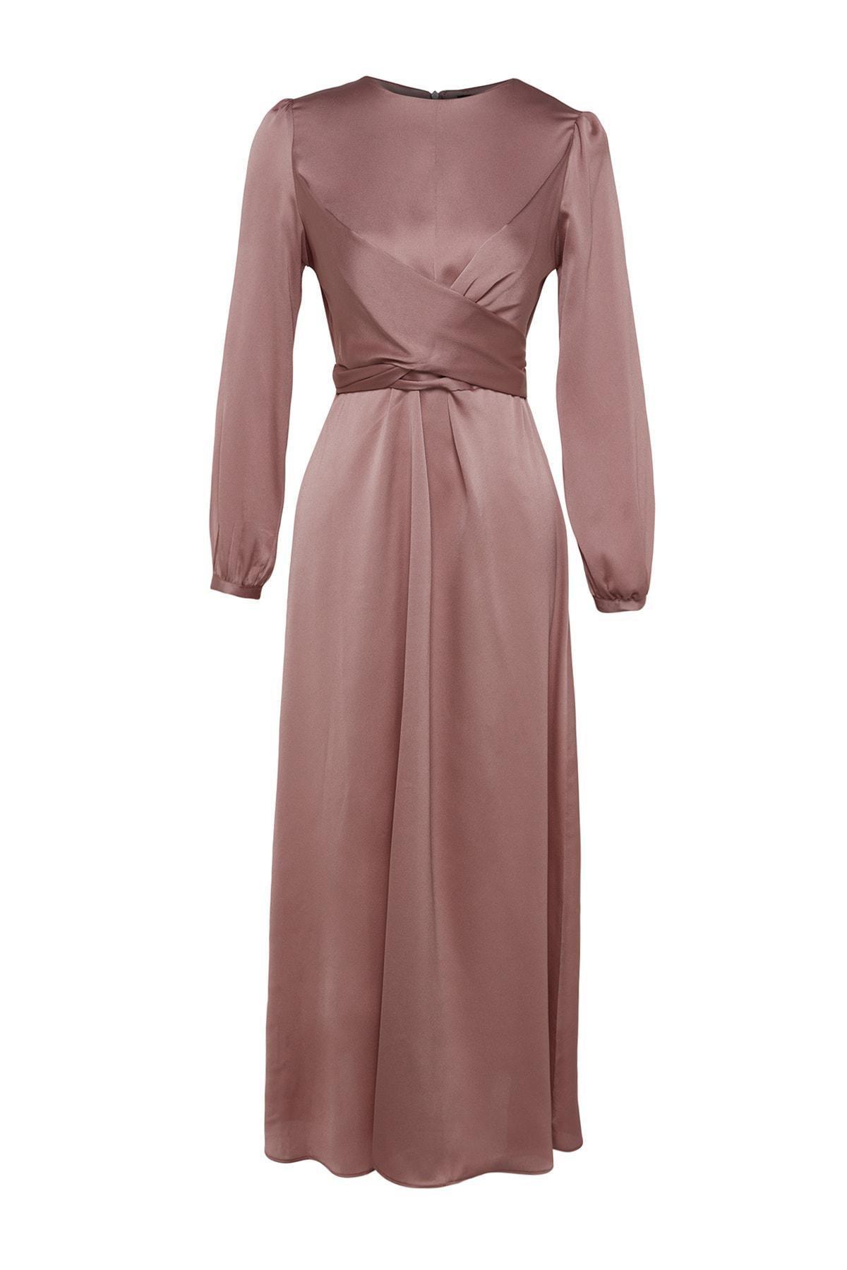 Pink Crosstie Detailed Satin Occasion Wear Dress, Pink, large image number 6