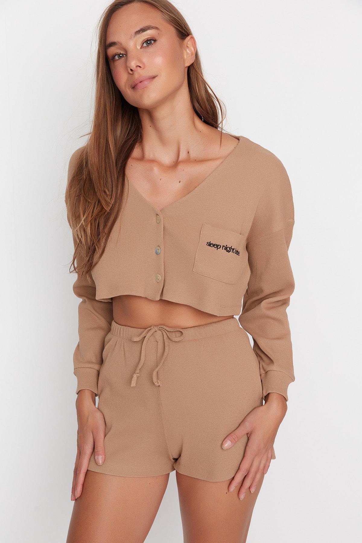 Beige Plain Mid Waist Pajama Set, , large image number 0