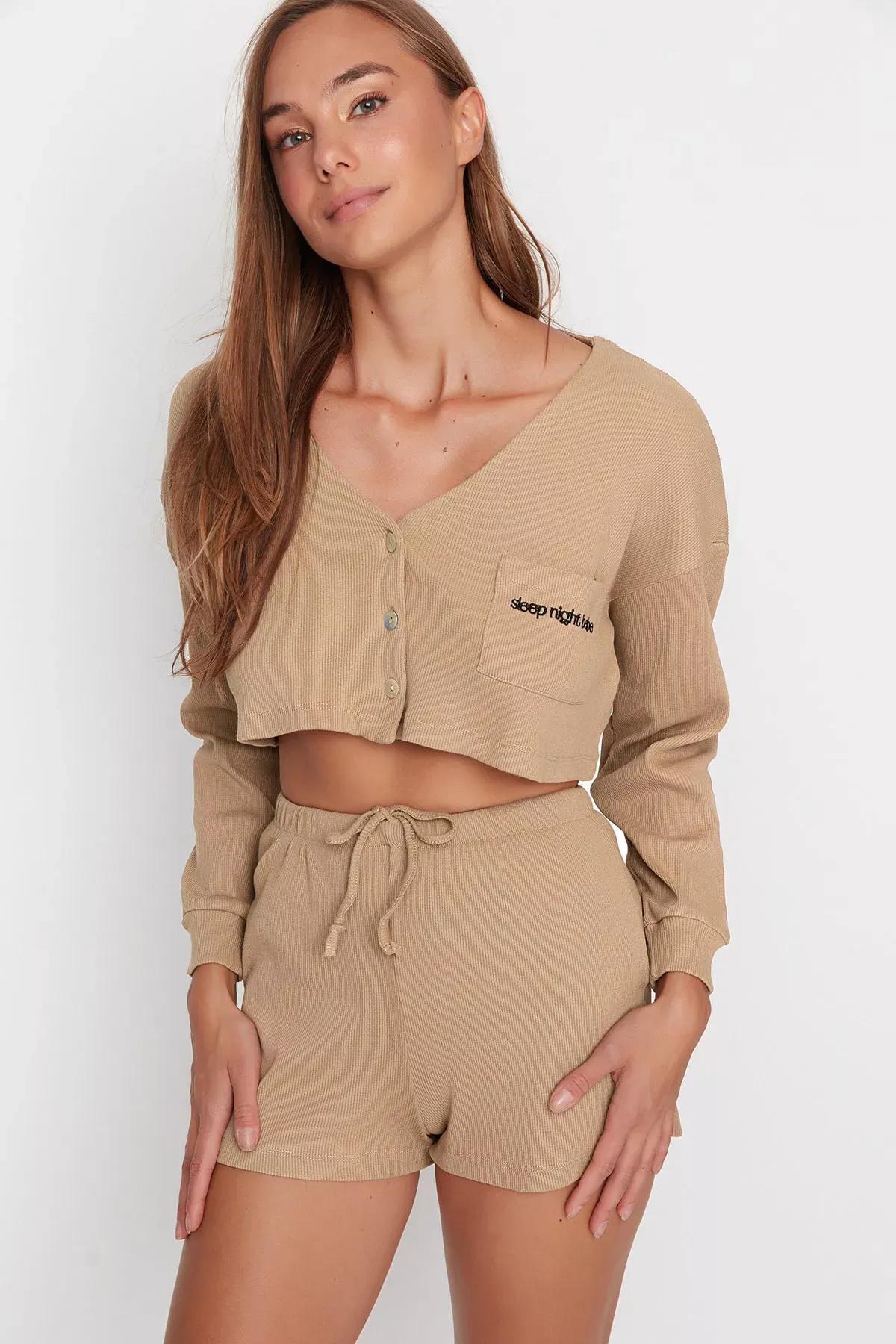 Beige Plain Mid Waist Pajama Set, , large image number 0