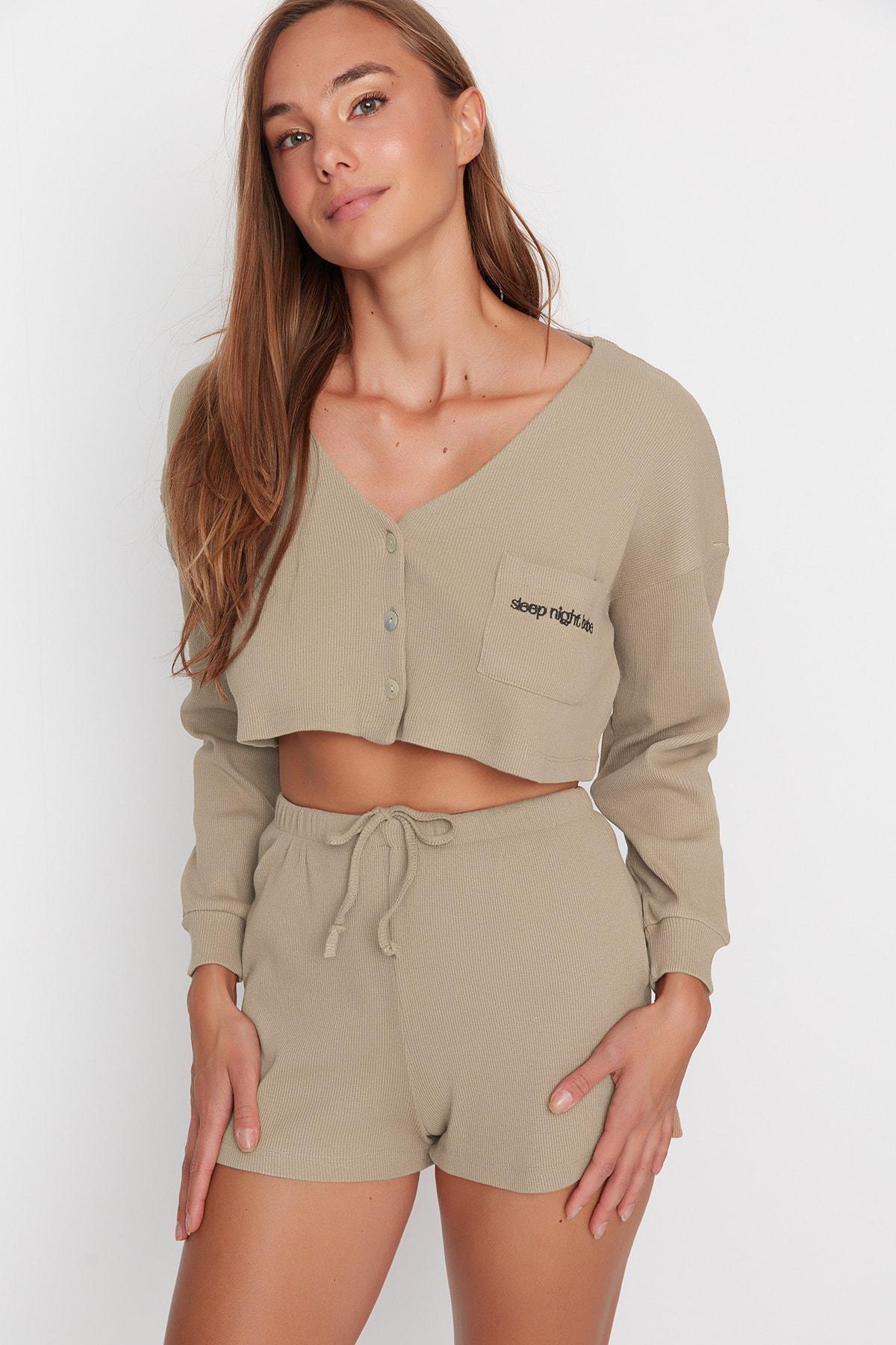 Beige Plain Mid Waist Pajama Set, , large image number 1