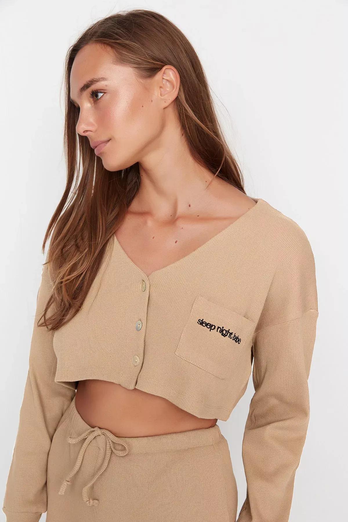 Beige Plain Mid Waist Pajama Set, , large image number 1