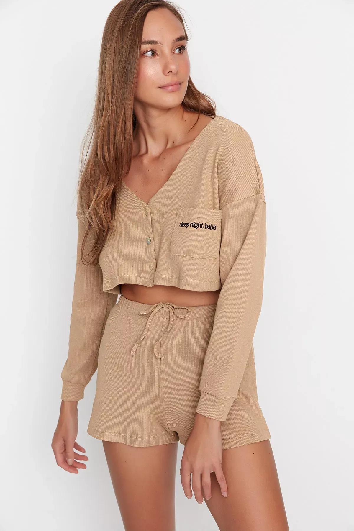 Beige Plain Mid Waist Pajama Set, , large image number 2