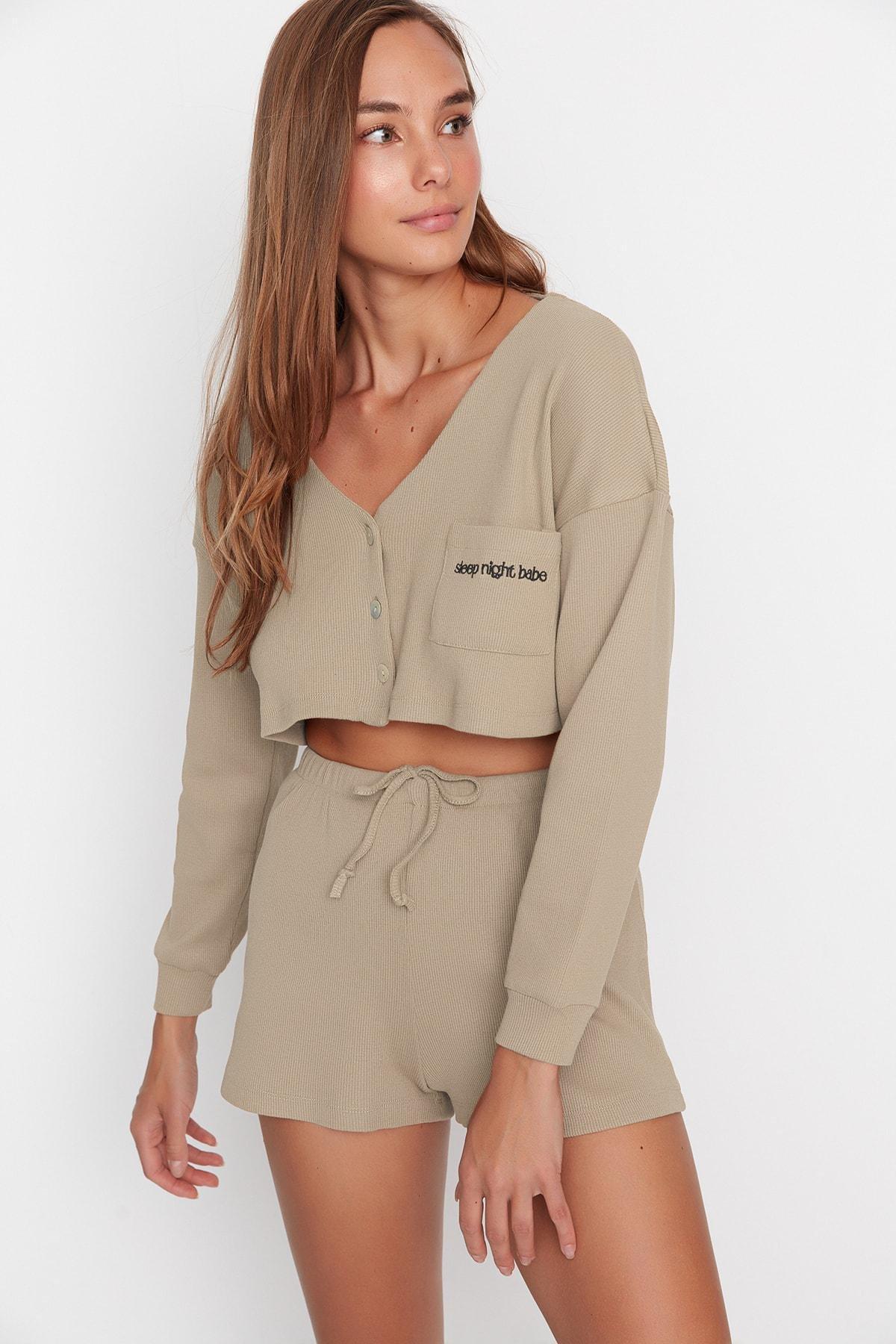 Beige Plain Mid Waist Pajama Set, , large image number 3