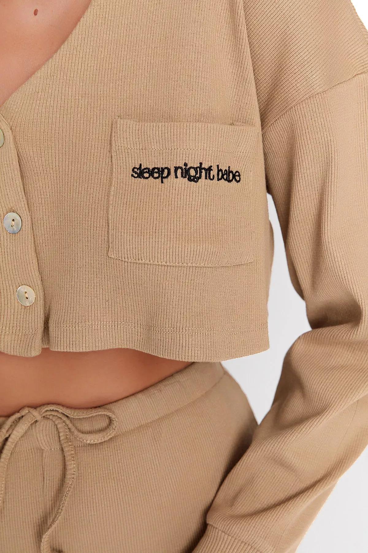 Beige Plain Mid Waist Pajama Set, , large image number 3