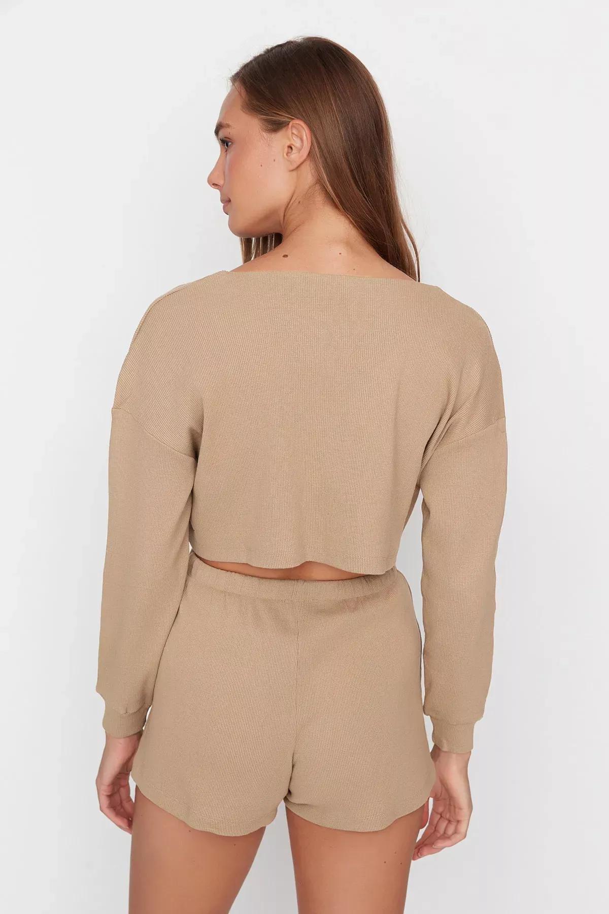 Beige Plain Mid Waist Pajama Set, , large image number 4