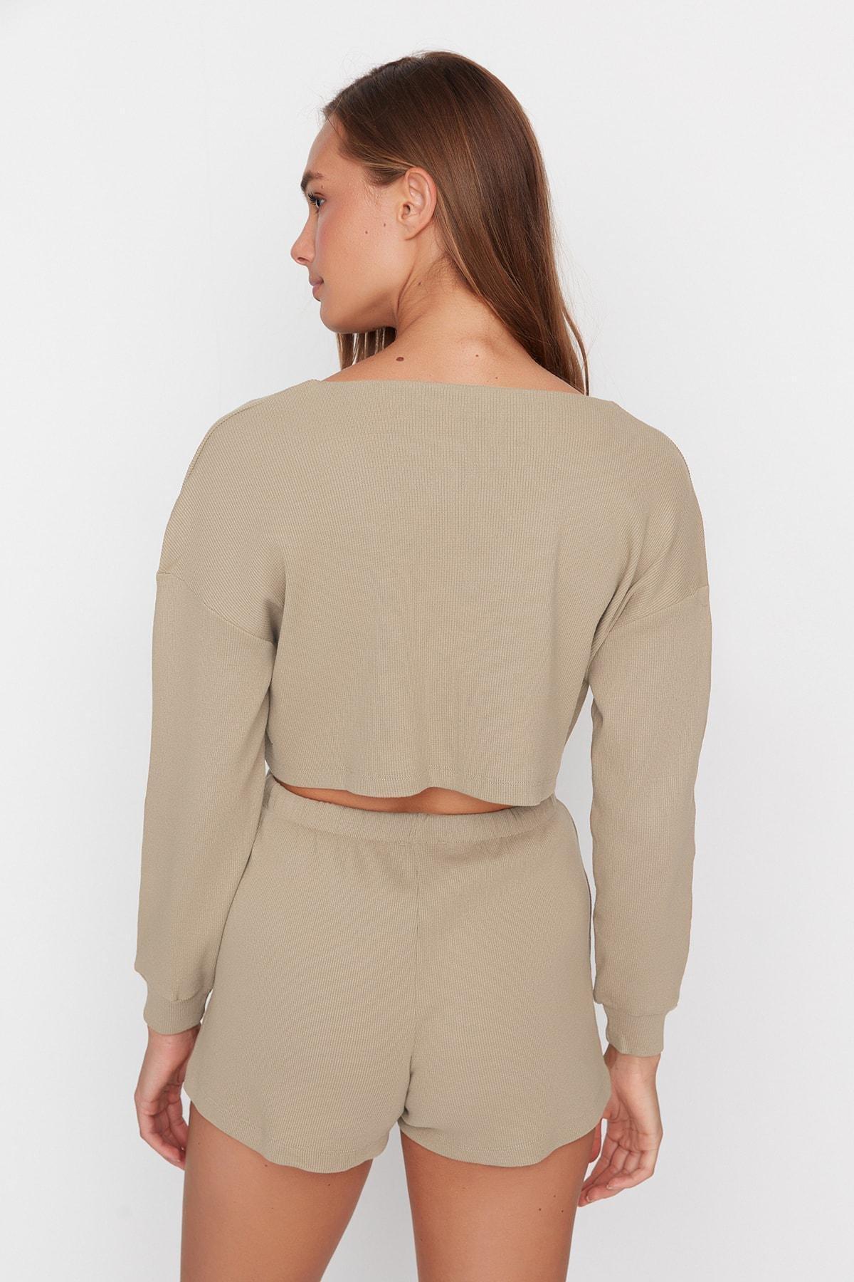 Beige Plain Mid Waist Pajama Set, , large image number 5