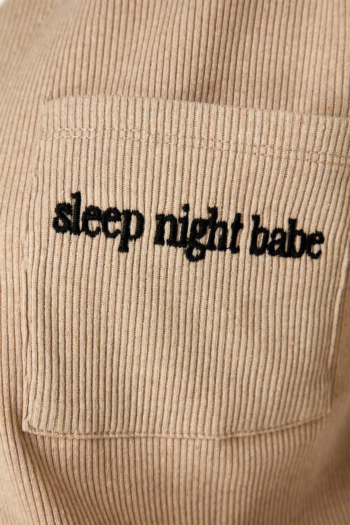 Beige Plain Mid Waist Pajama Set, , large image number 5