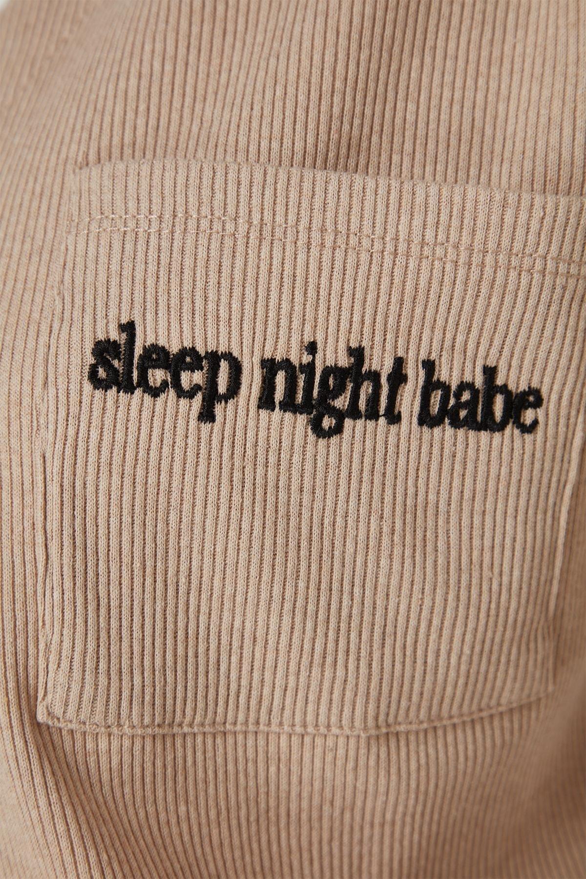 Beige Plain Mid Waist Pajama Set, , large image number 6