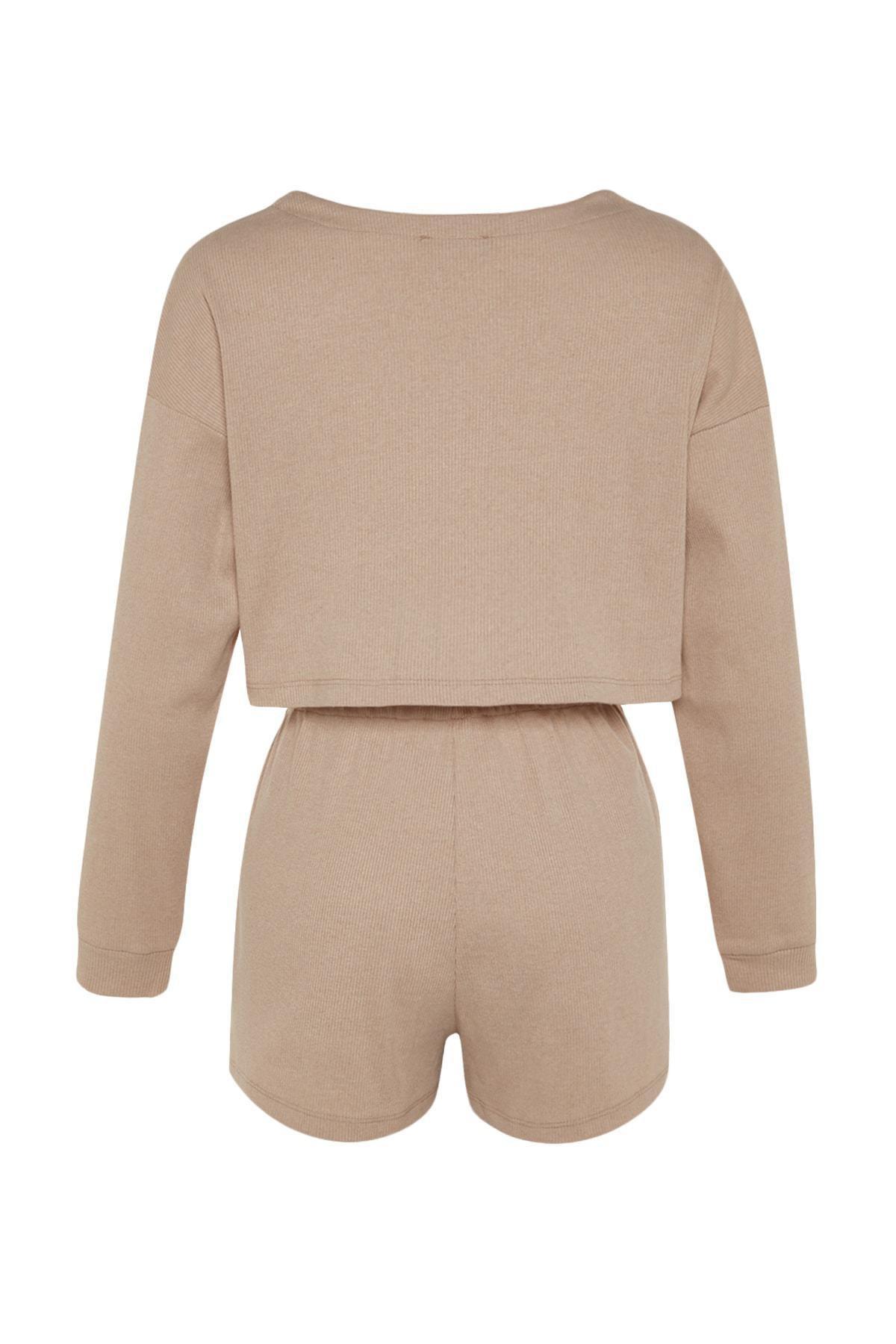 Beige Plain Mid Waist Pajama Set, , large image number 7