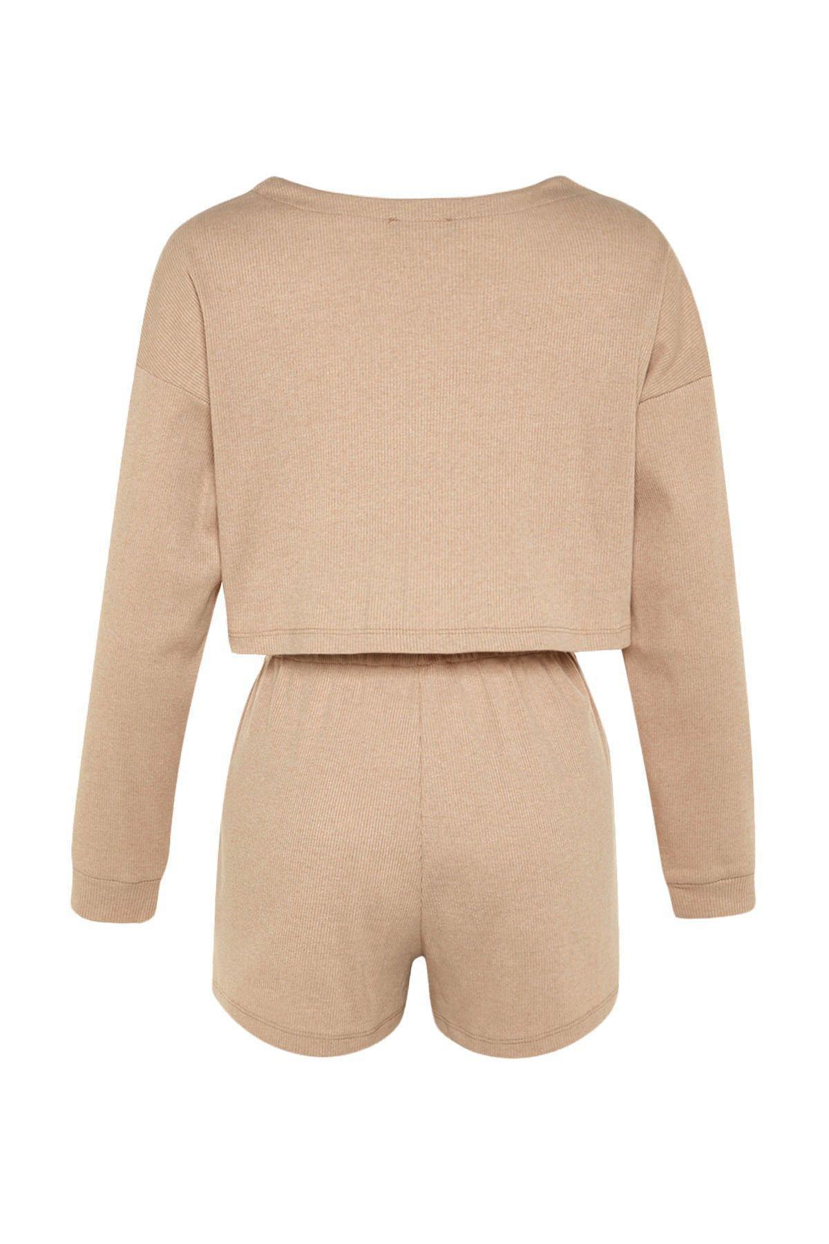 Beige Plain Mid Waist Pajama Set, , large image number 8