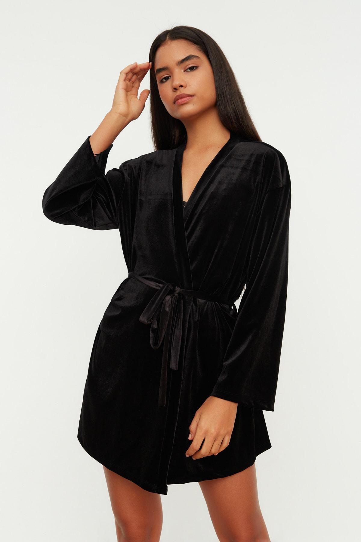 Black Crop Dressing Gown, Black, medium