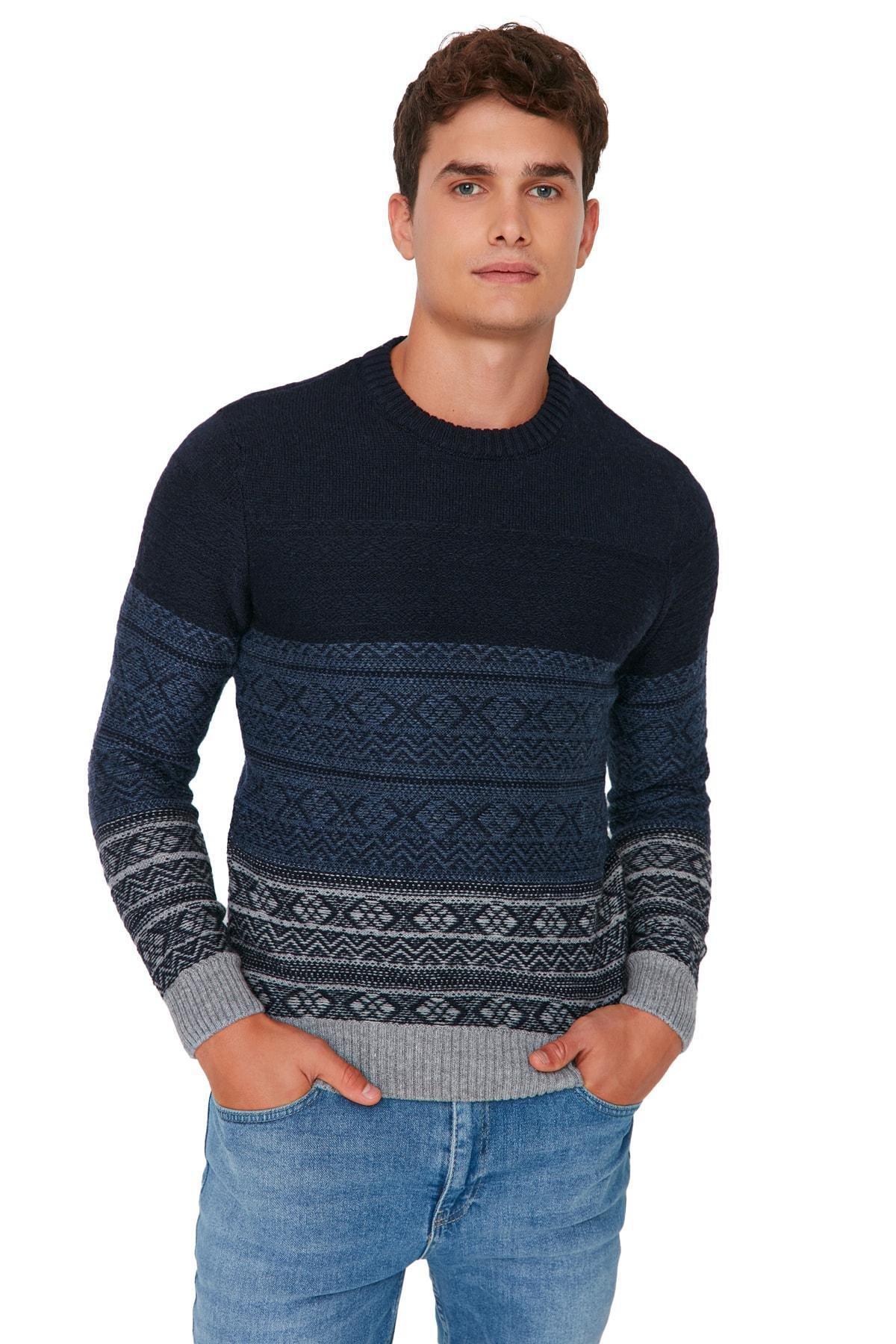 Trendyol - Navy Geometric Crew Neck Sweater