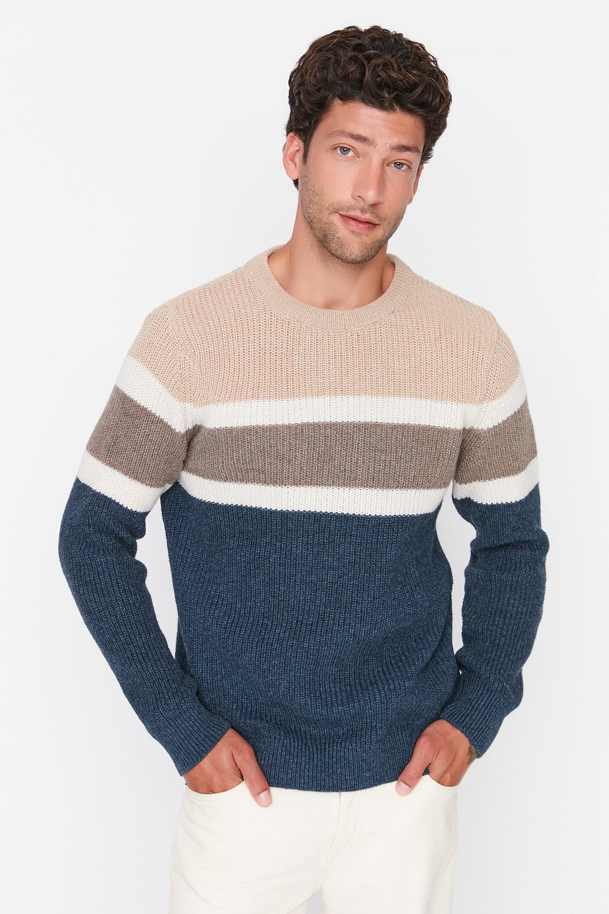Beige Slim Crew Neck Sweater, , large image number 0