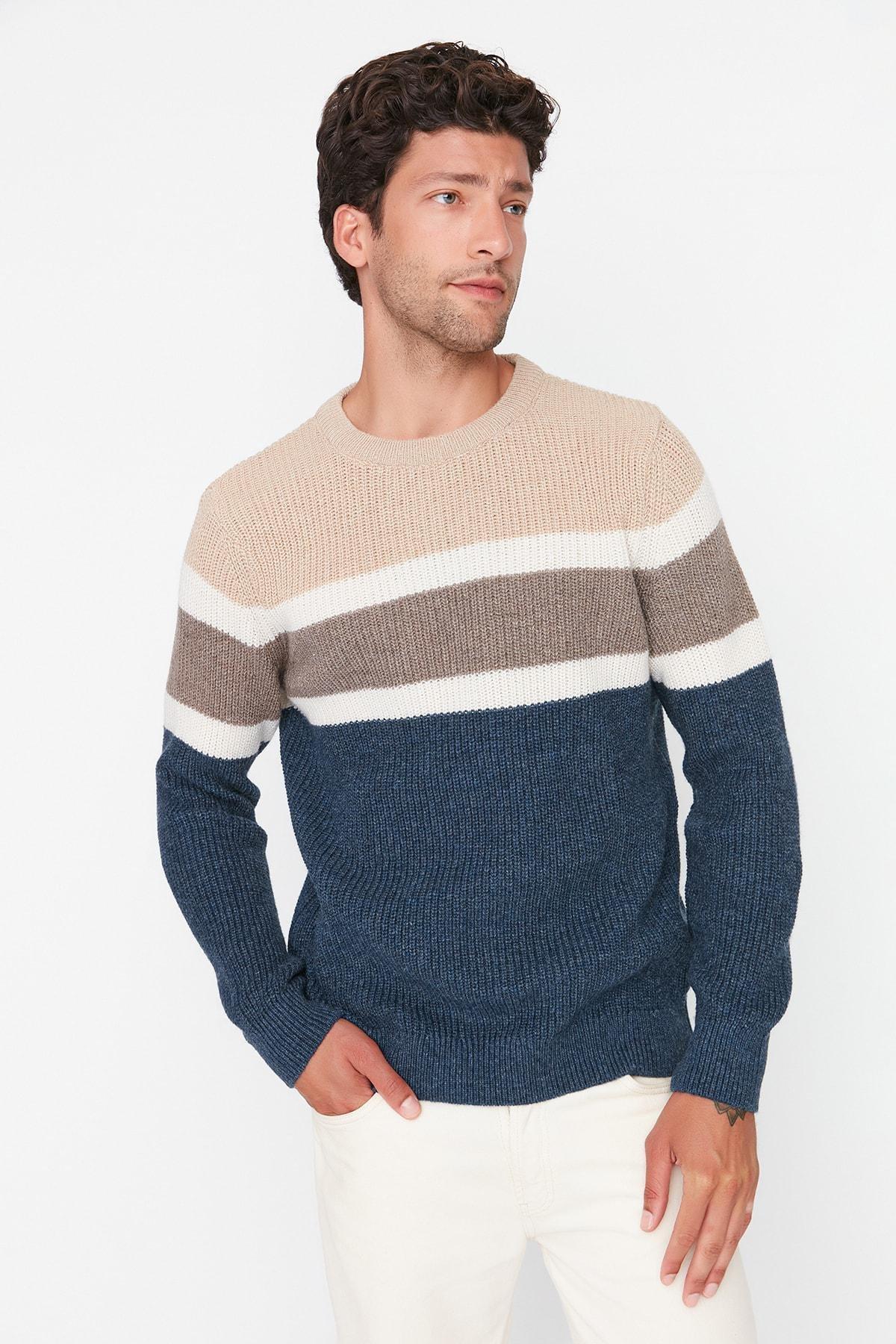 Beige Slim Crew Neck Sweater, , large image number 1