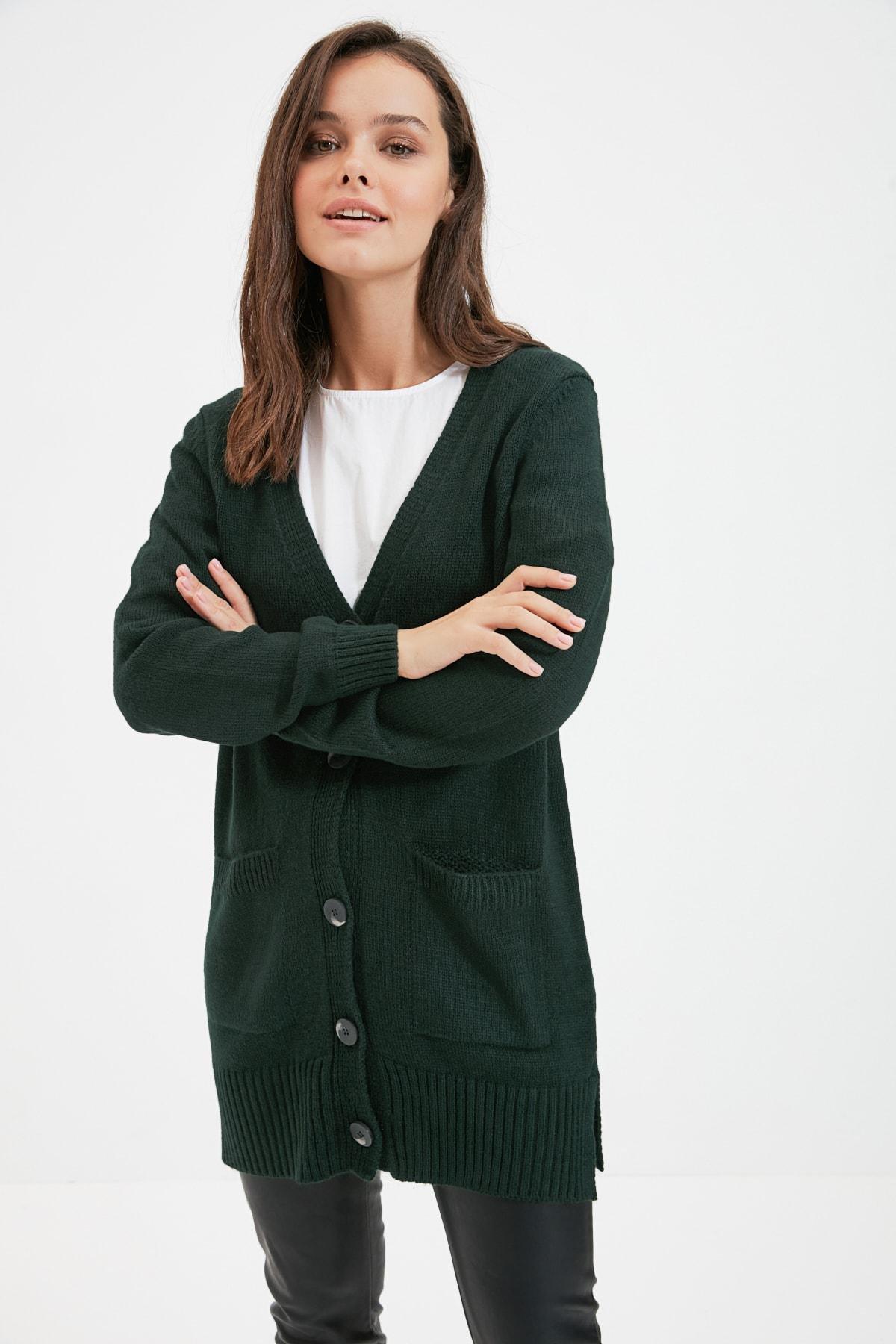 Green V Neck Cardigan, , large image number 1