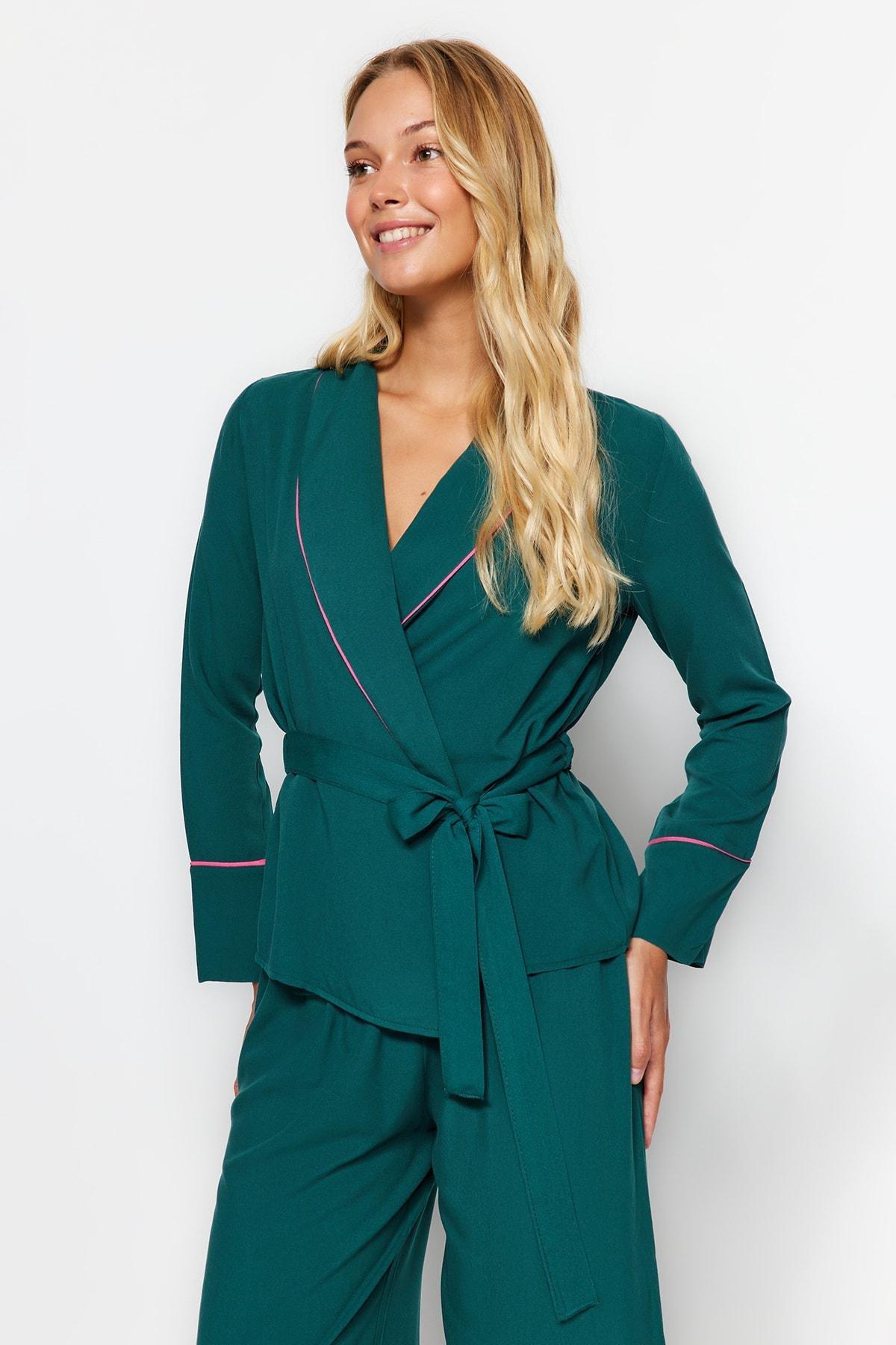 Green Double Breasted Woven Pyjamas Set, , large image number 0
