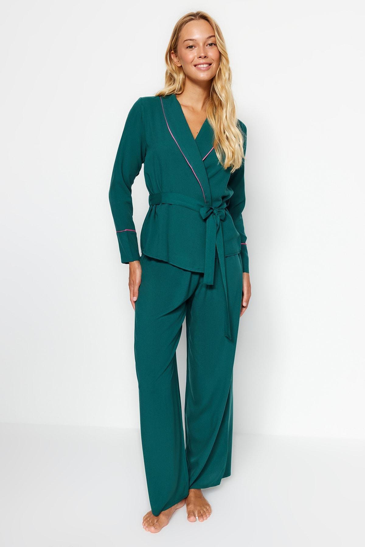 Green Double Breasted Woven Pyjamas Set, , large image number 1