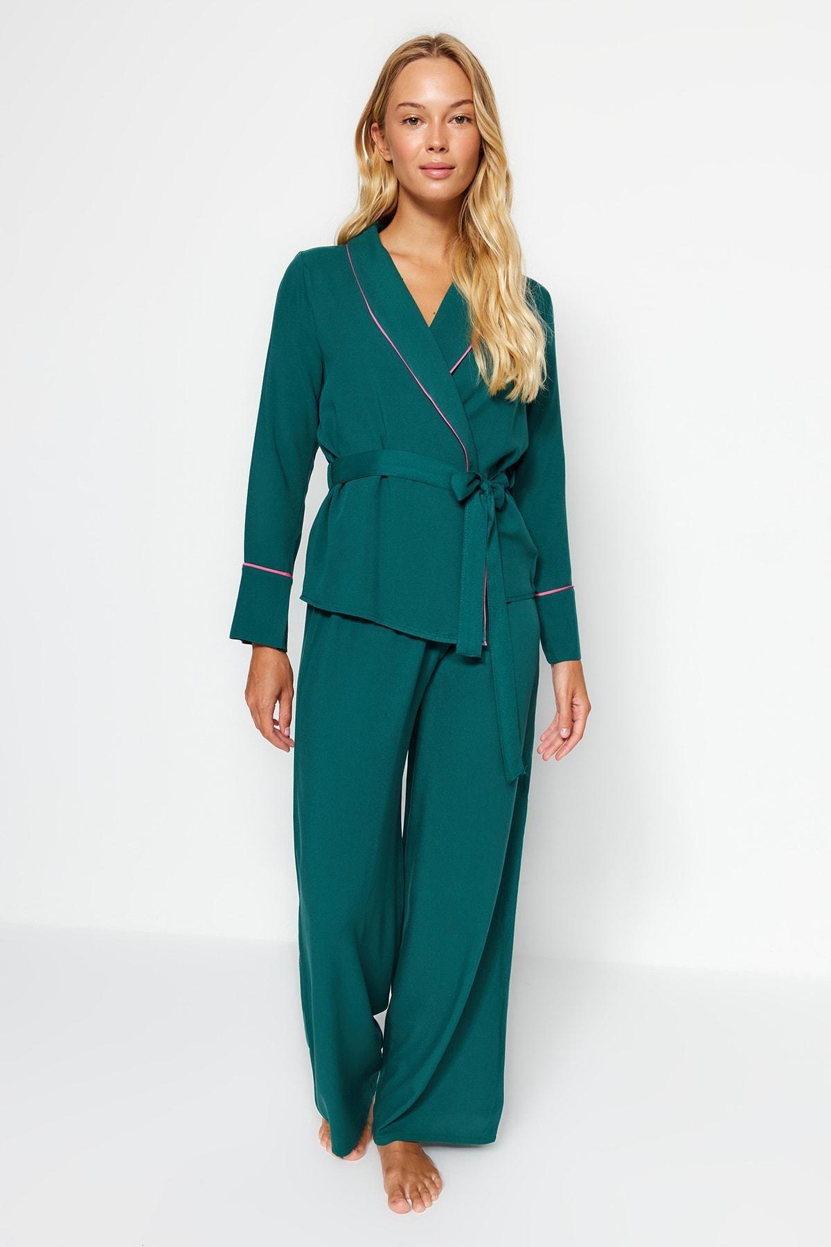 Green Double Breasted Woven Pyjamas Set, , large image number 2