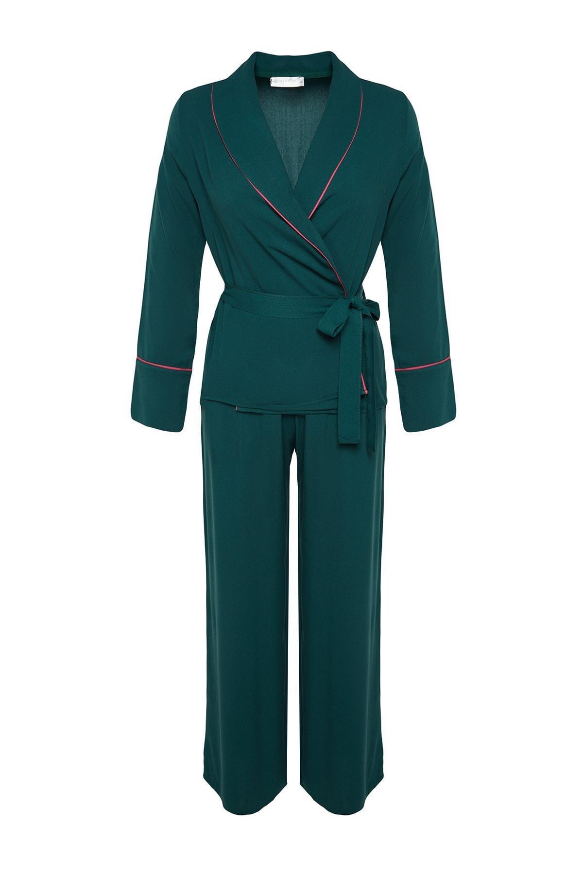 Green Double Breasted Woven Pyjamas Set, , large image number 5