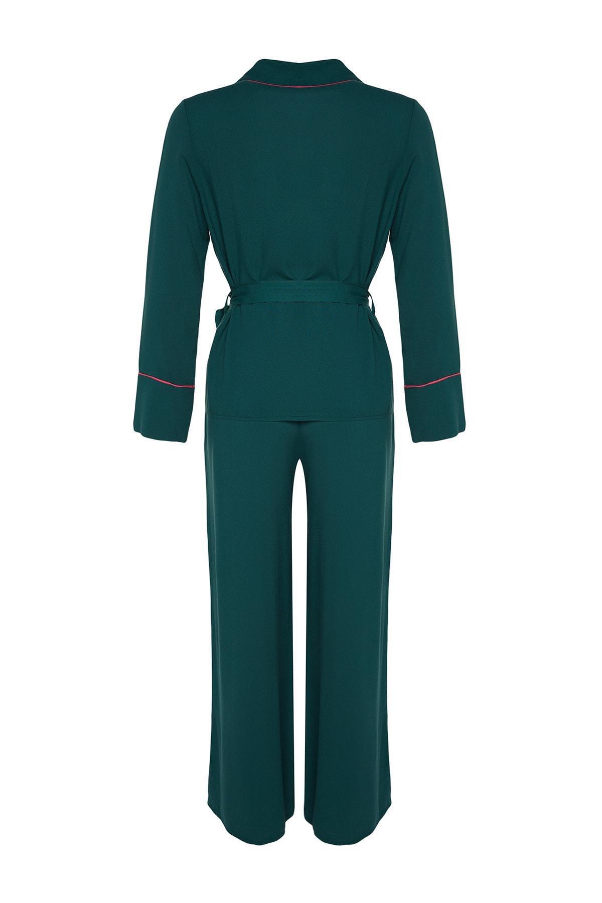Green Double Breasted Woven Pyjamas Set, , large image number 7