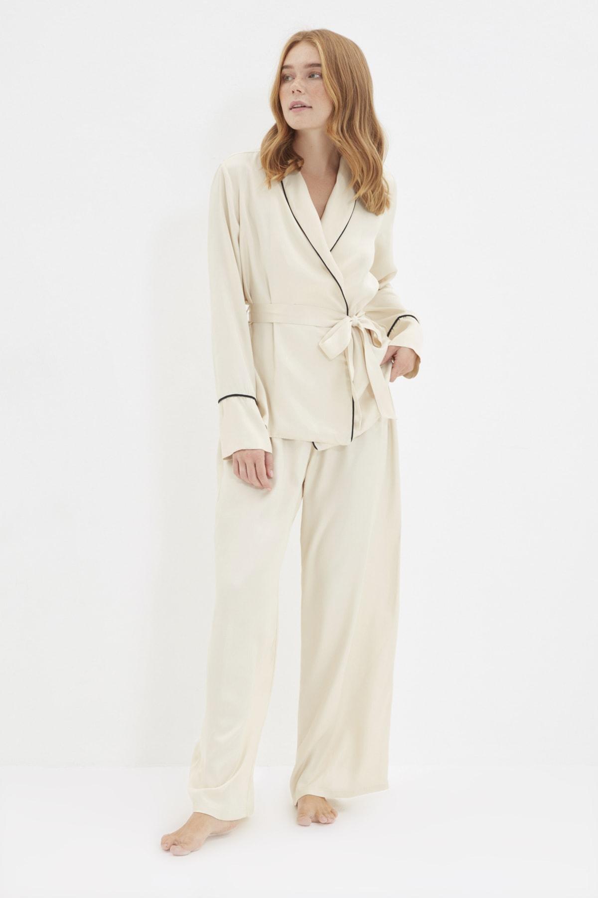 Beige Double-Breasted Pajama Set, Beige, medium