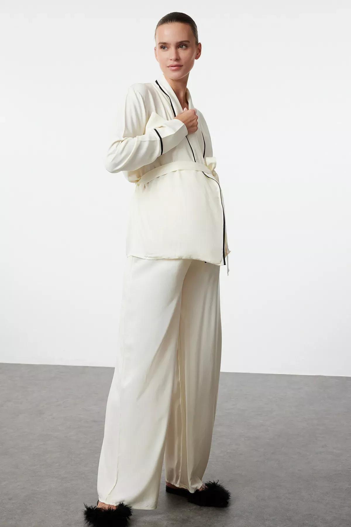 Beige Double-Breasted Pajama Set, Beige, medium