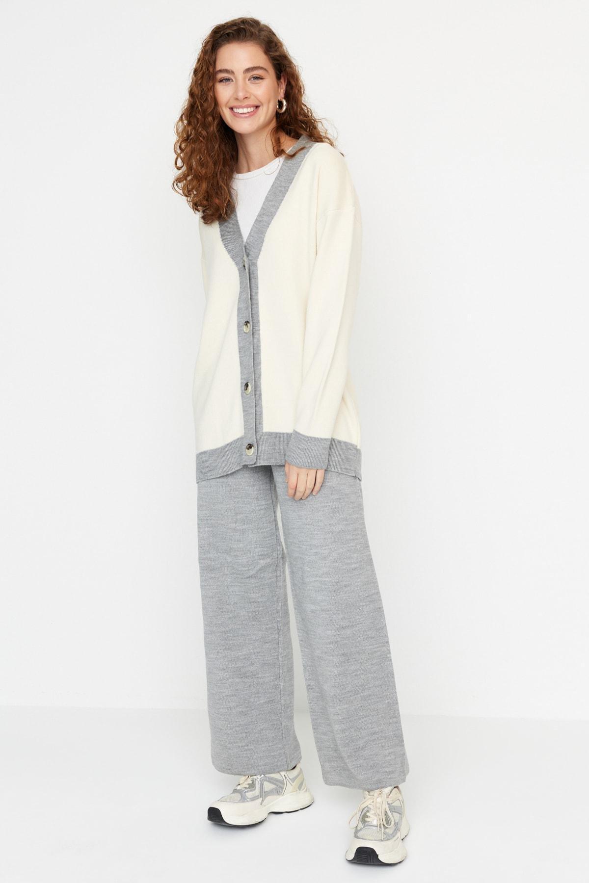 Trendyol Grey Striped Cardigan-Pants Knitwear Set of Azadea