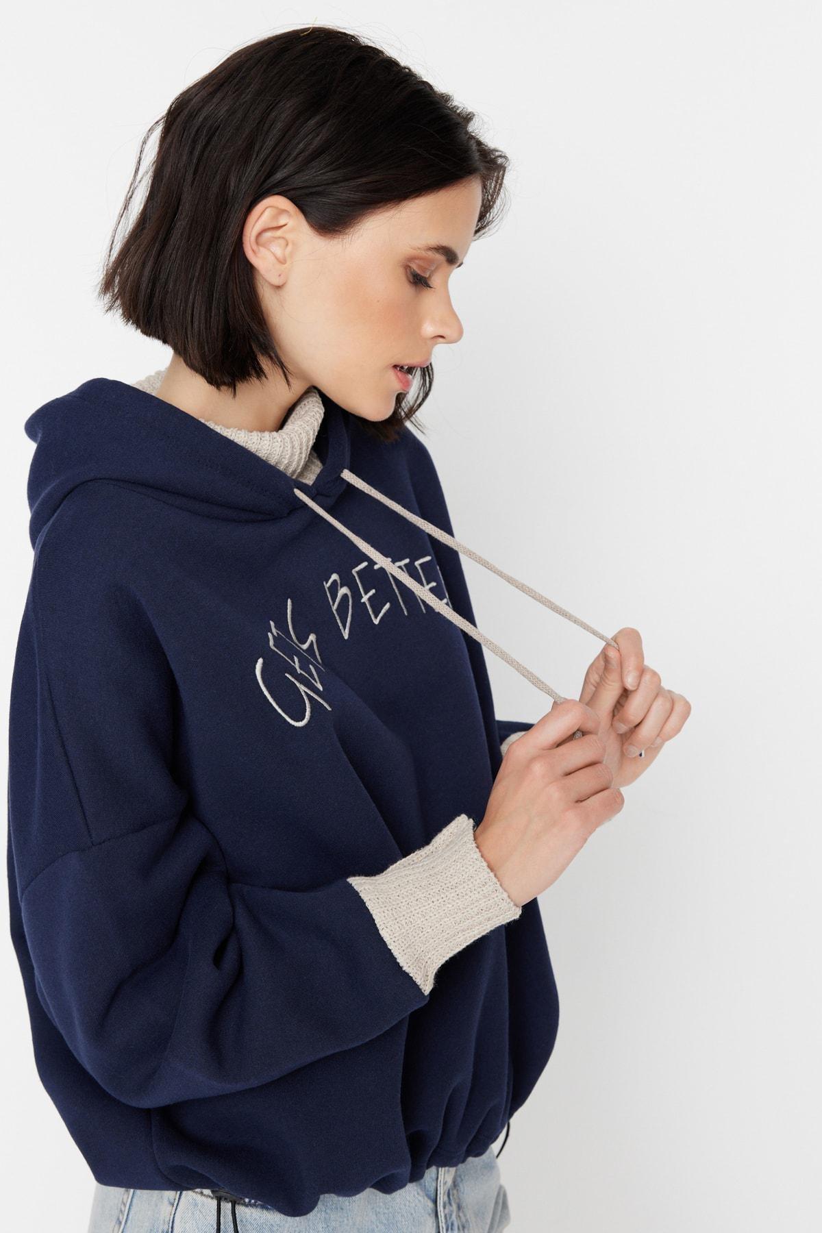 Navy Printed Hooded Sweatshirt, Dark blue, large image number 0