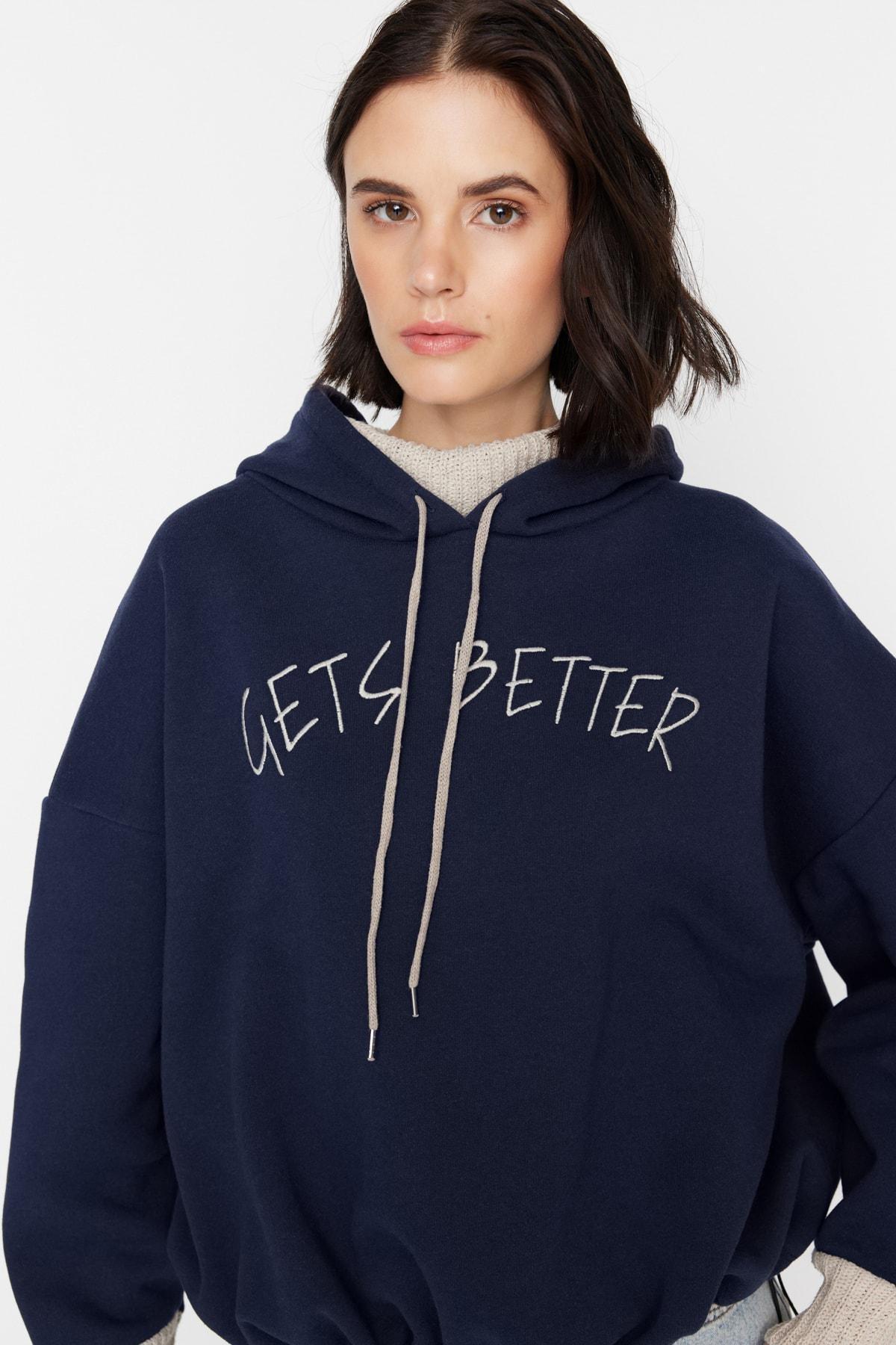 Navy Printed Hooded Sweatshirt, Dark blue, large image number 1