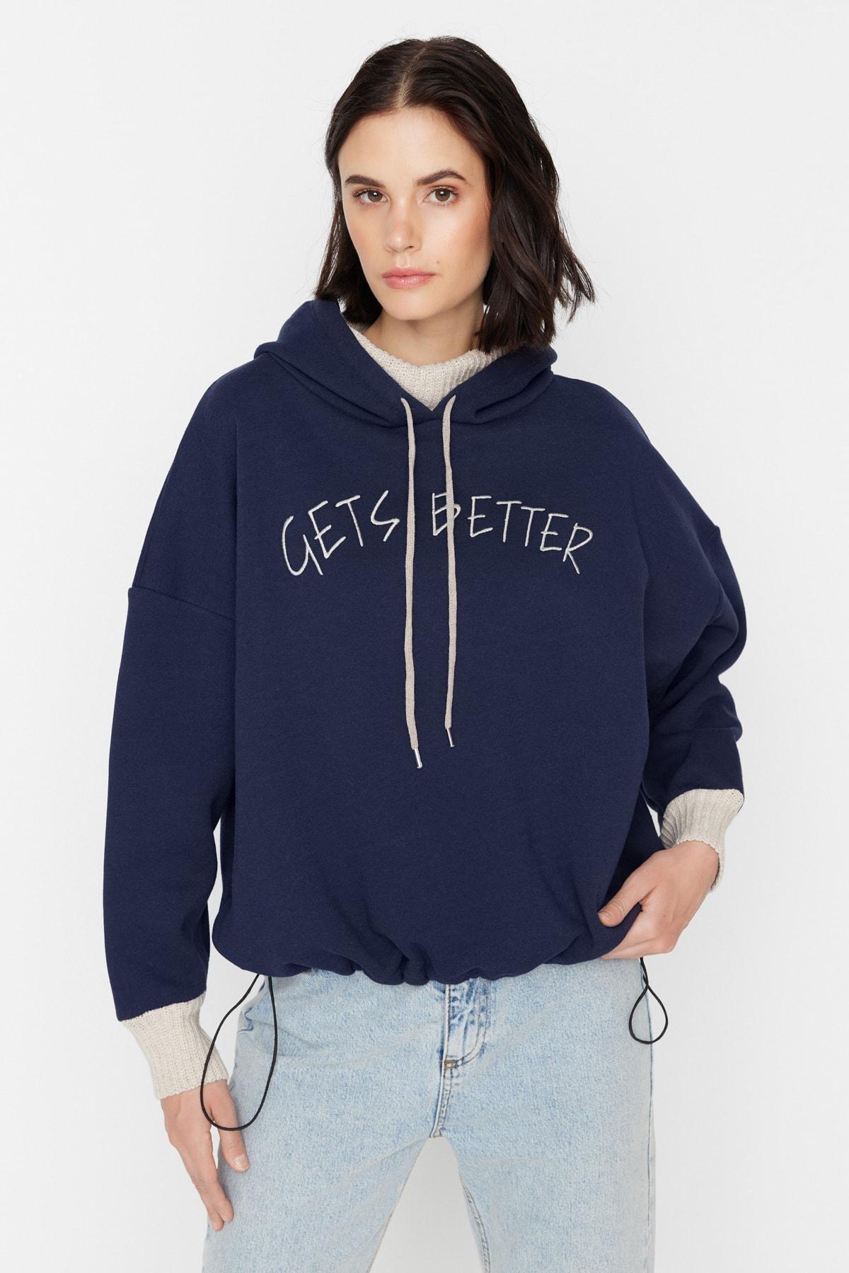 Navy Printed Hooded Sweatshirt, Dark blue, large image number 2