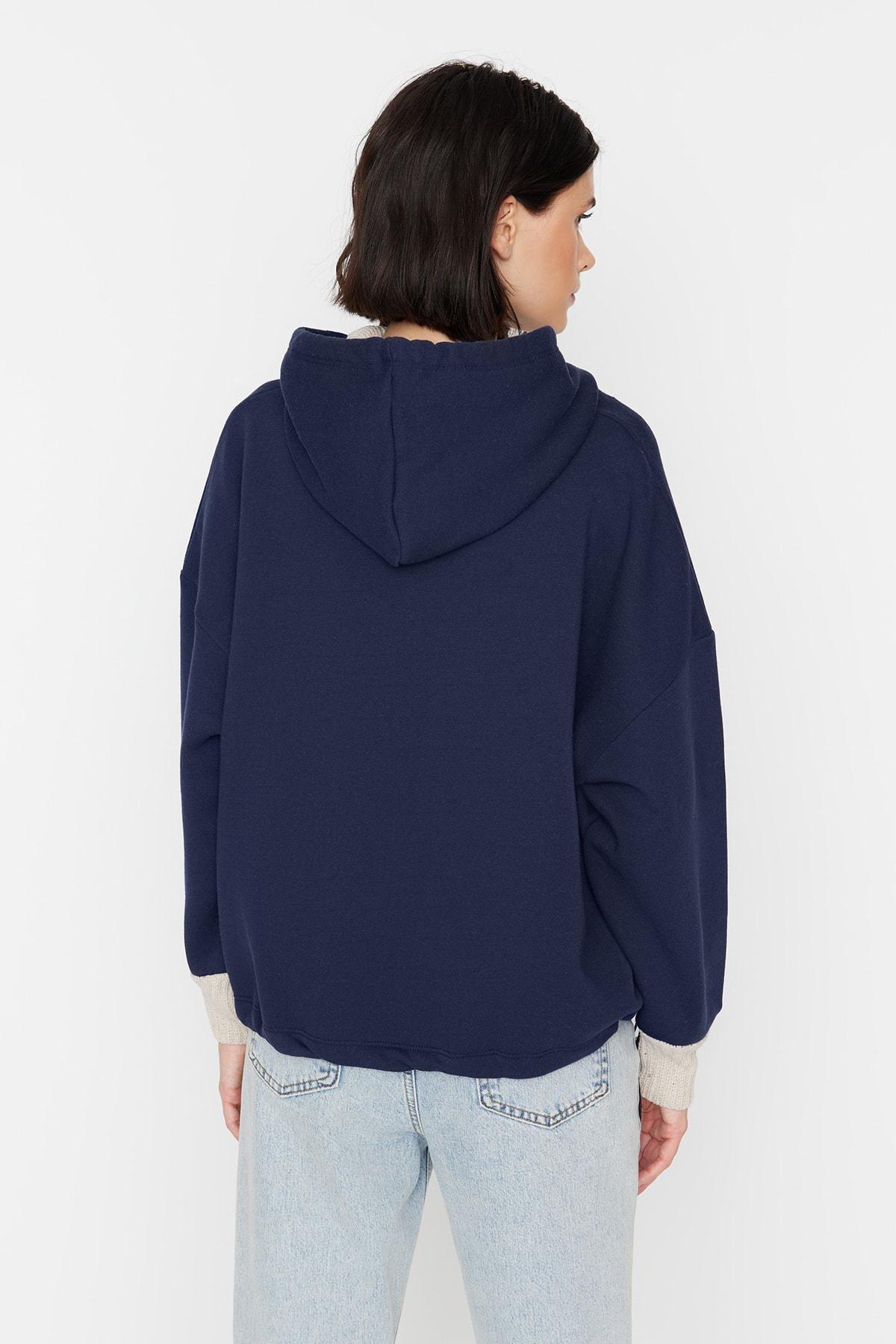 Navy Printed Hooded Sweatshirt, Dark blue, large image number 4
