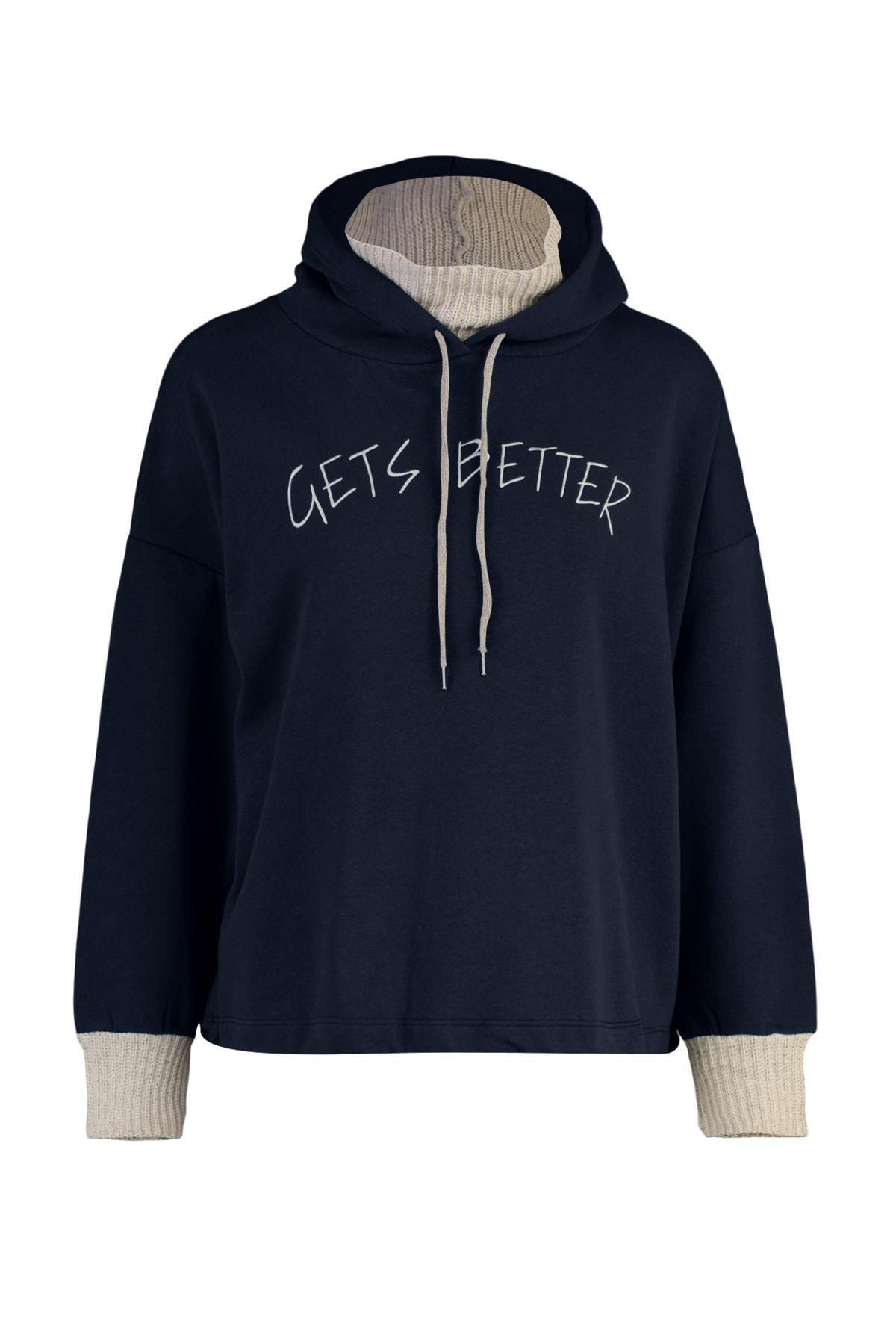 Navy Printed Hooded Sweatshirt, Dark blue, large image number 5