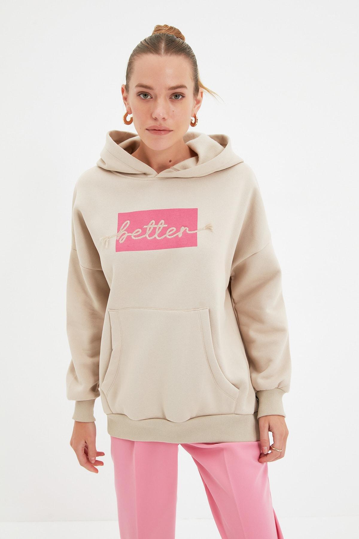 Trendyol - Beige Printed Hooded Sweatshirt