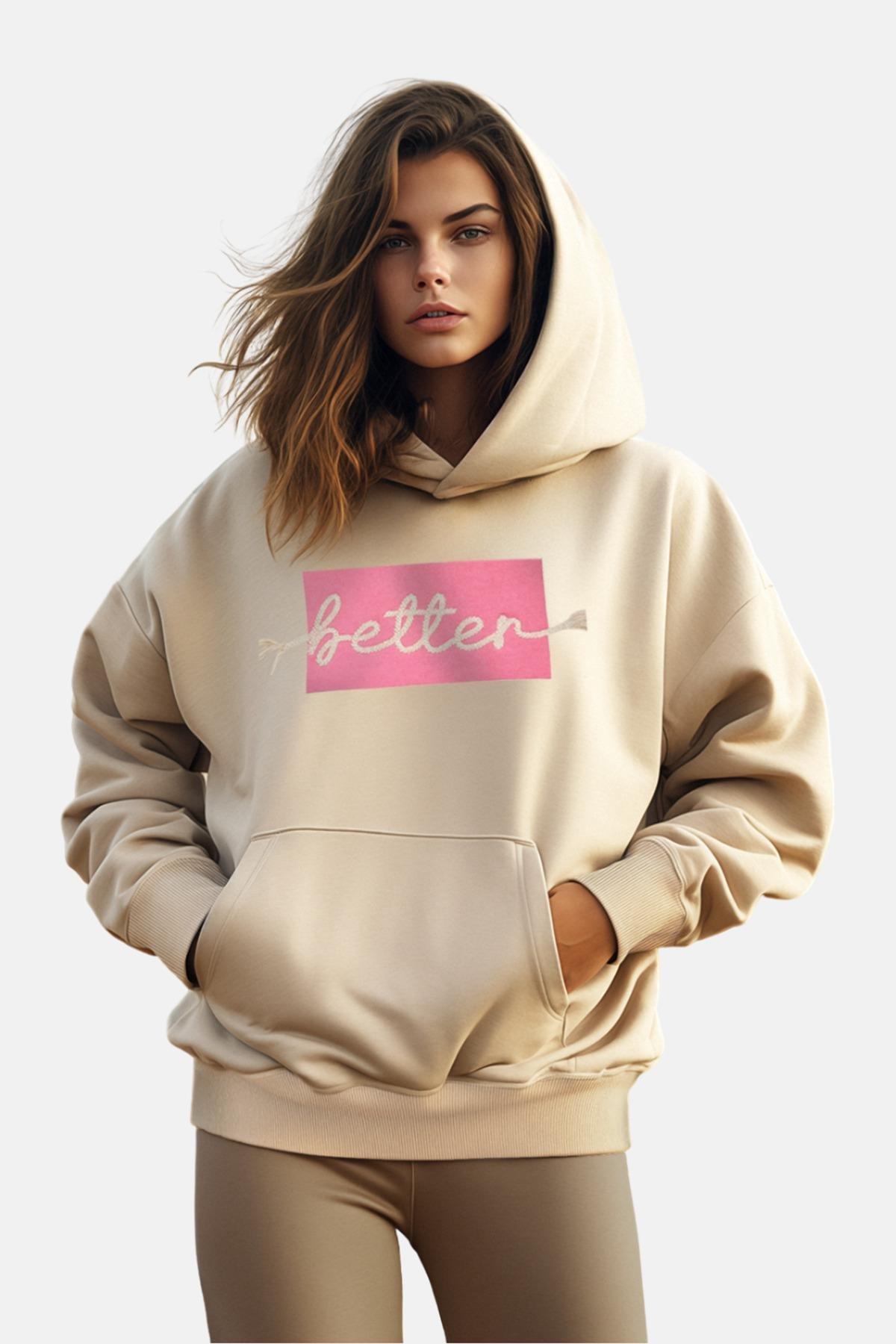 Trendyol - Beige Printed Hooded Sweatshirt