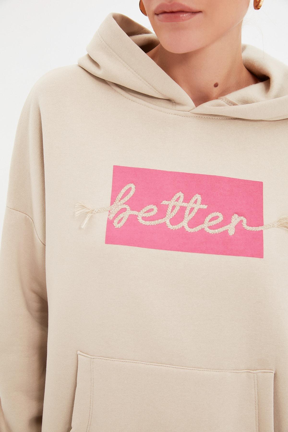 Beige Printed Hooded Sweatshirt, , large image number 2