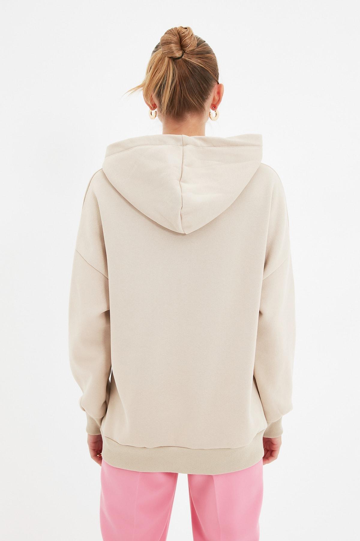 Trendyol - Beige Printed Hooded Sweatshirt